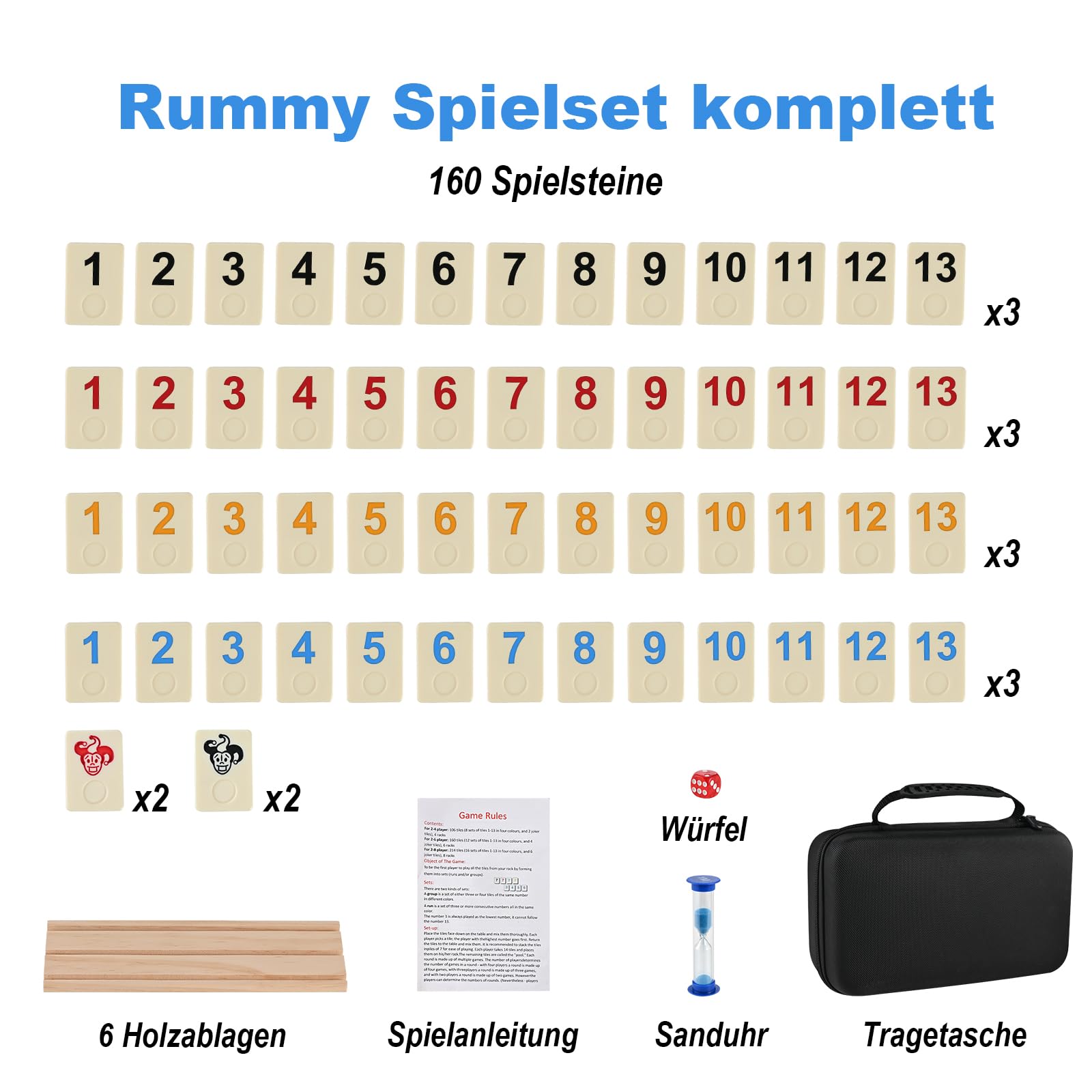 Wooderma Rummy Holz Spiel – Rummy Cup Set mit 160 Spielsteinen & 6 Holzhaltern, Brettspiel für 2–6 Spieler ab 8 Jahren