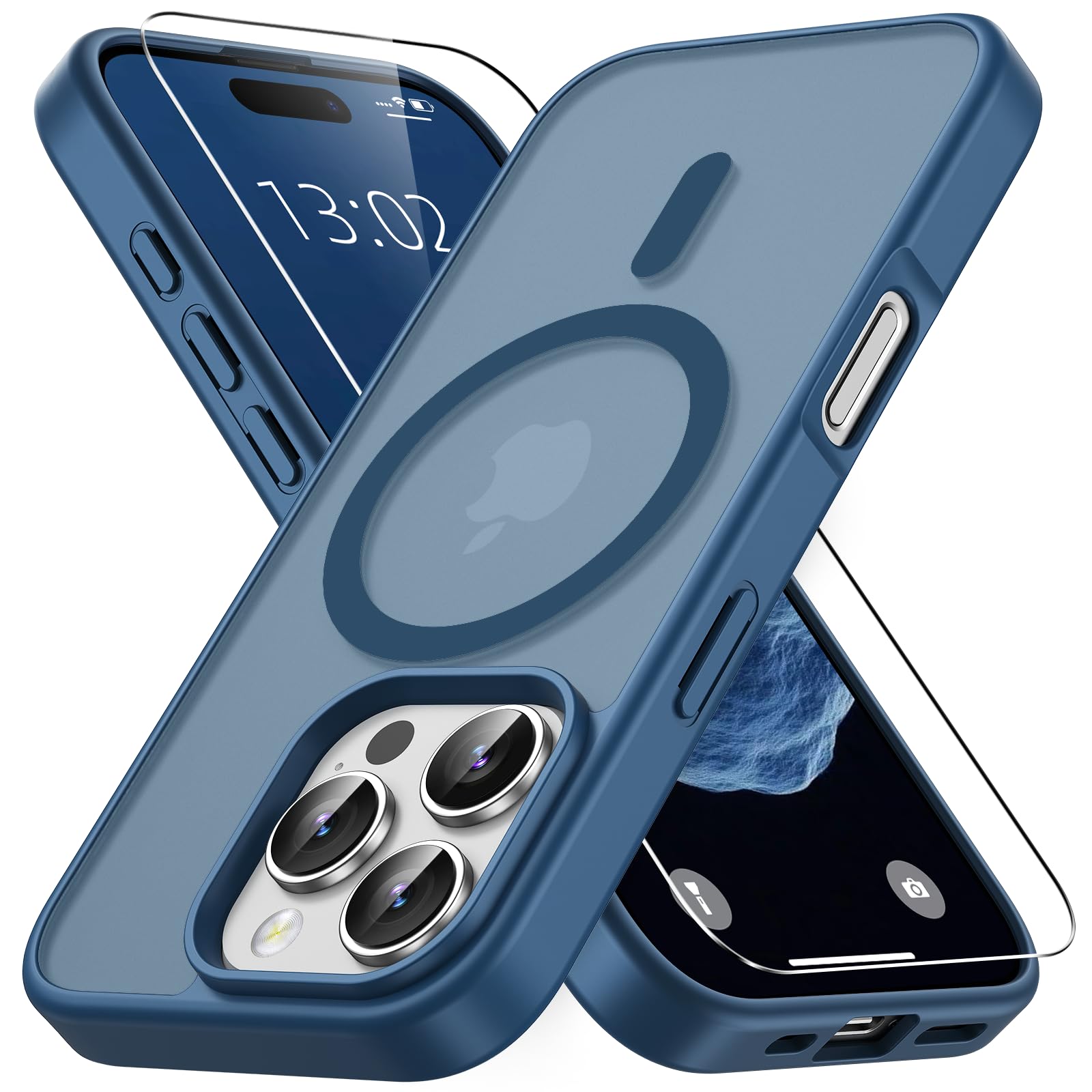 Vansdon Cover Magnetica per iPhone 16 Pro con 1 Pezzi Vetro Temperato, Compatibile con Magsafe, Protezione anticaduta di livello militare, Custodia Traslucida Opaca Sottile Antiurto-Blu Profondo