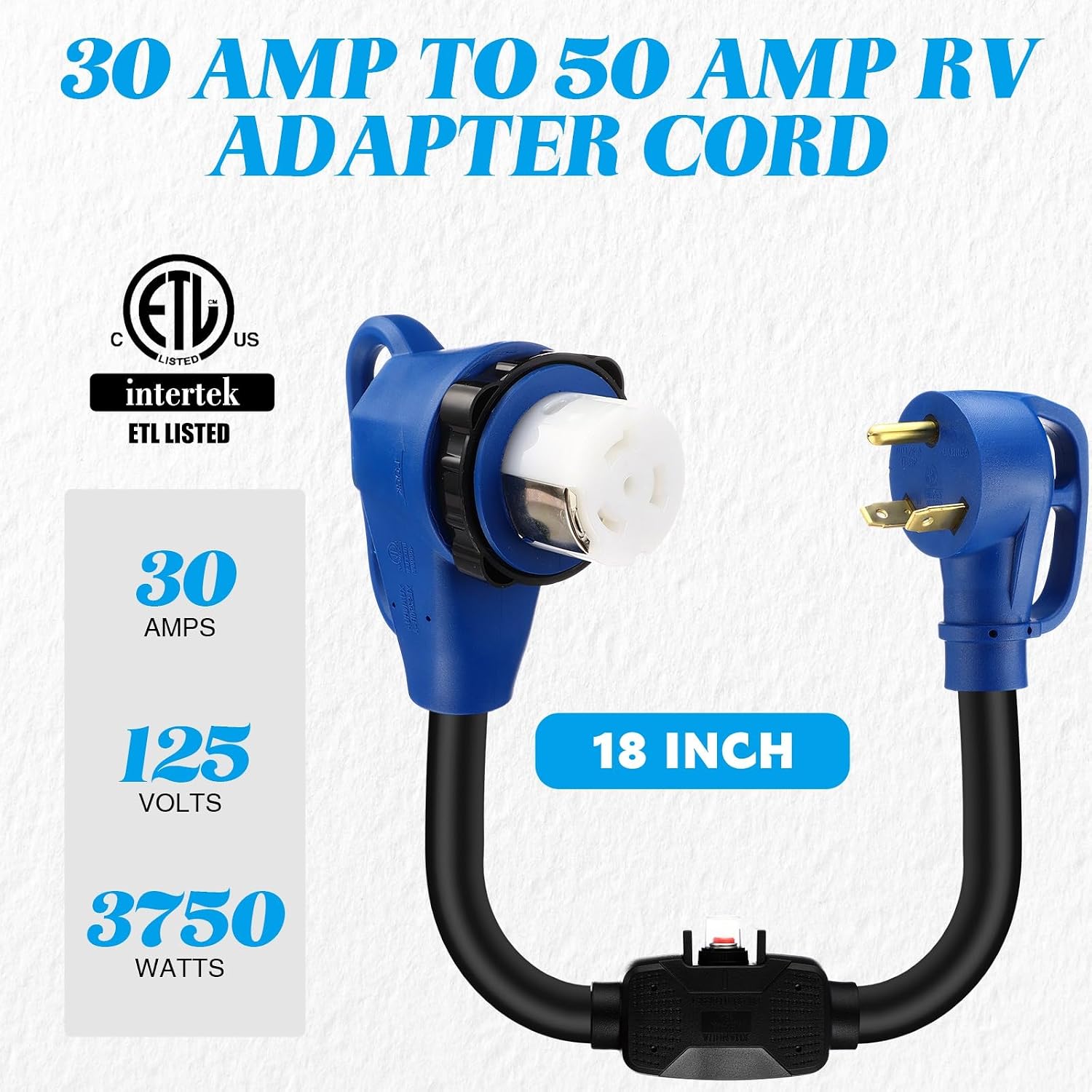 Kingdder Overload Protector 30 Amp to 50 Amp RV Adapter with Circuit Breaker, NEMA TT-30P to SS2-50R Locking Adapter Plug with LED Power Indicator Easy Grip Handle, 18 Inch, Blue, ETL Listed