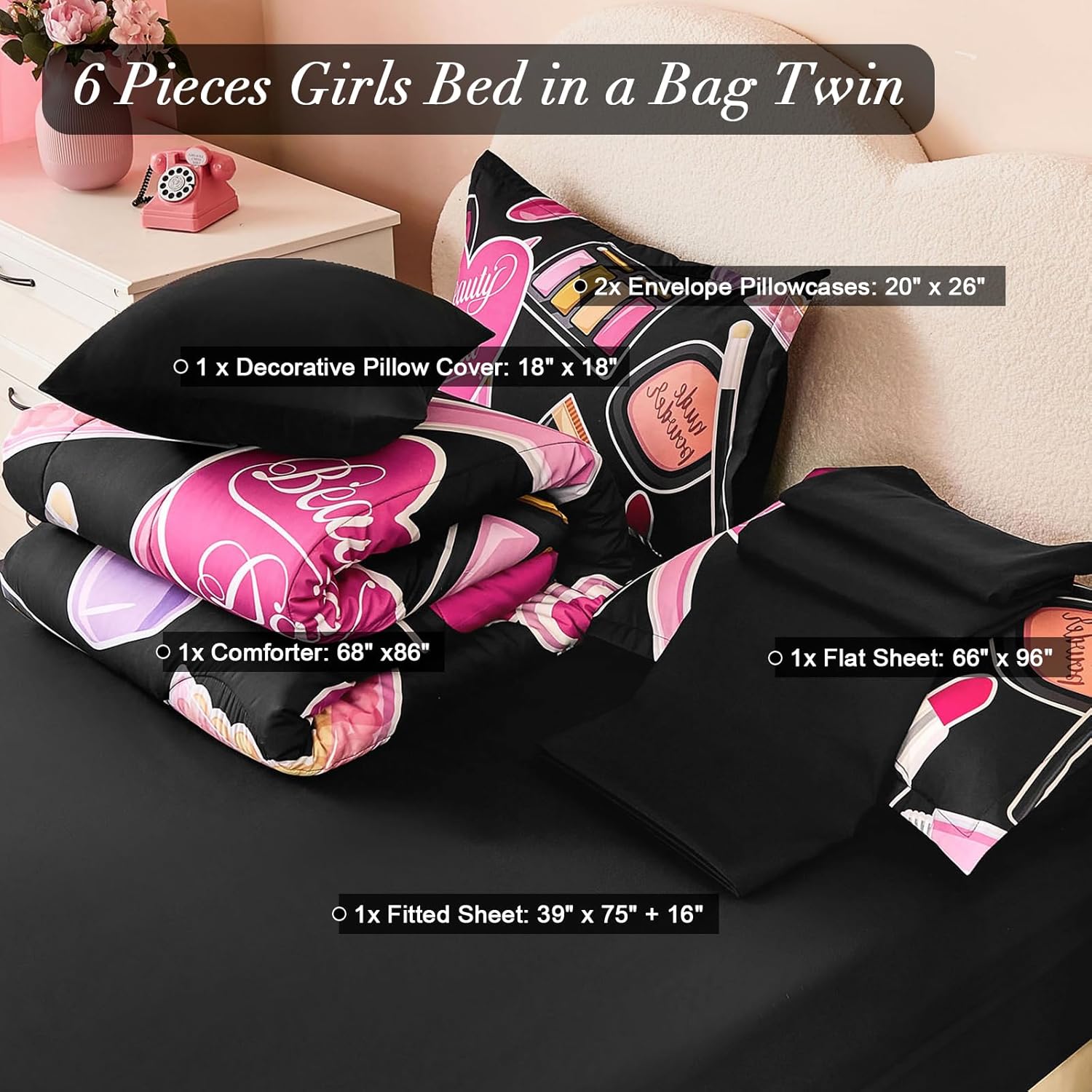 Anibedding Twin Comforter Set for Girls,6 Pieces Cosmetic Lipstick Thamed Bedding Set for Kids,Ultra Soft Microfiber Bed in Bag Twin Size(68" x86")