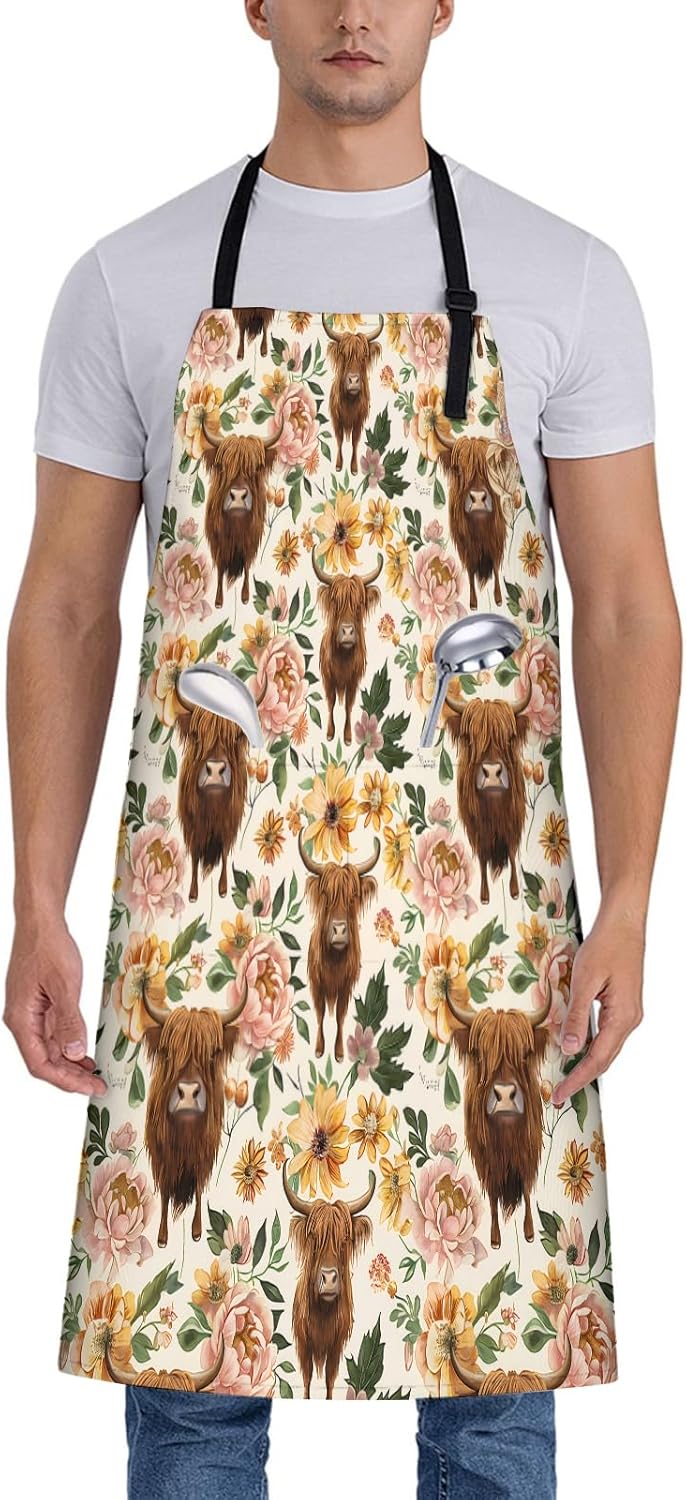 Highland Cow and Floral Apron for Women, 28x33in, Kitchen Chef Aprons with 2 Pockets, Polyester, Cute Cow Flower Apron for Cooking BBQ Baking Gardening Chef, Gifts for Mom Wife Dad