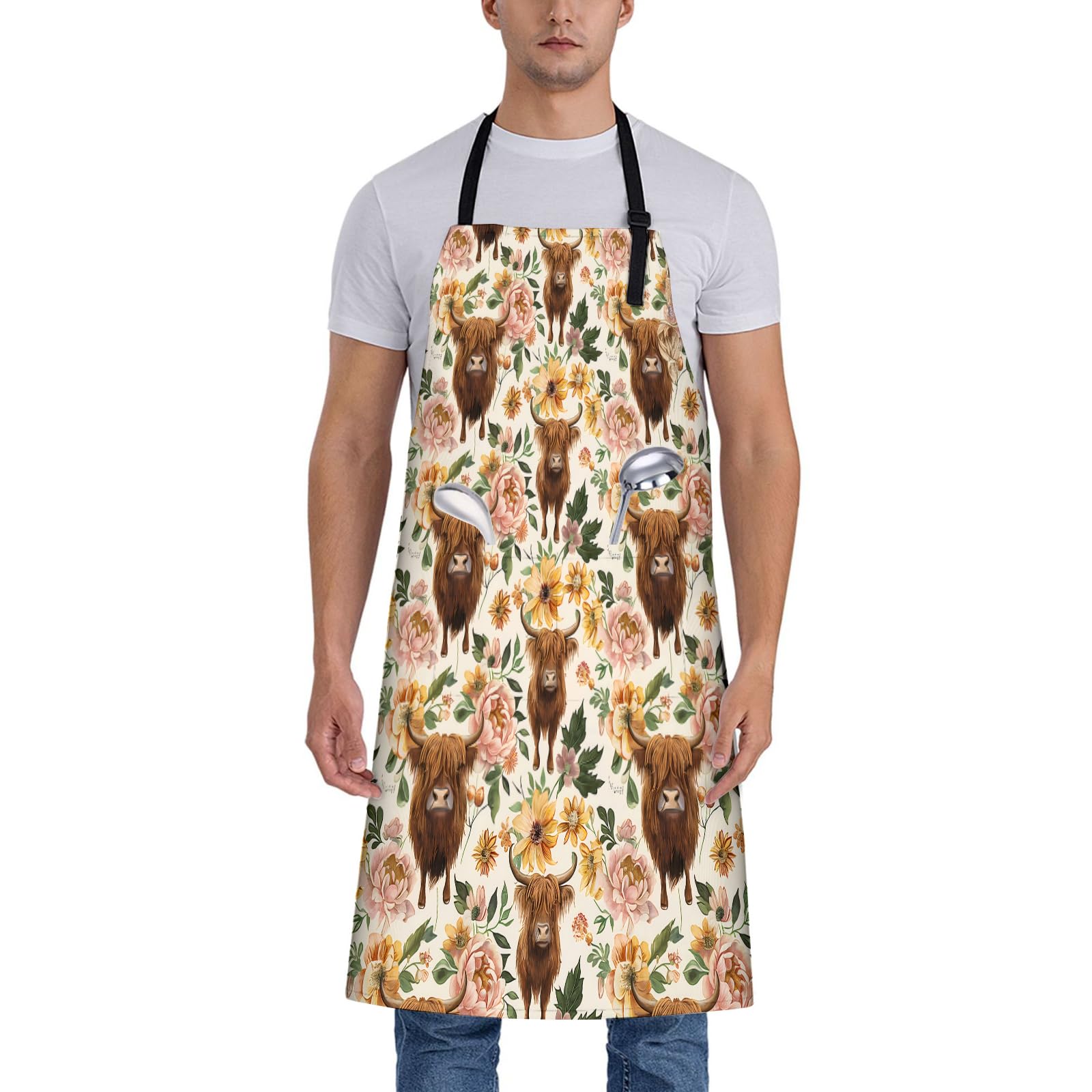 Highland Cow and Floral Apron for Women, 28x33in, Kitchen Chef Aprons with 2 Pockets, Polyester, Cute Cow Flower Apron for Cooking BBQ Baking Gardening Chef, Gifts for Mom Wife Dad