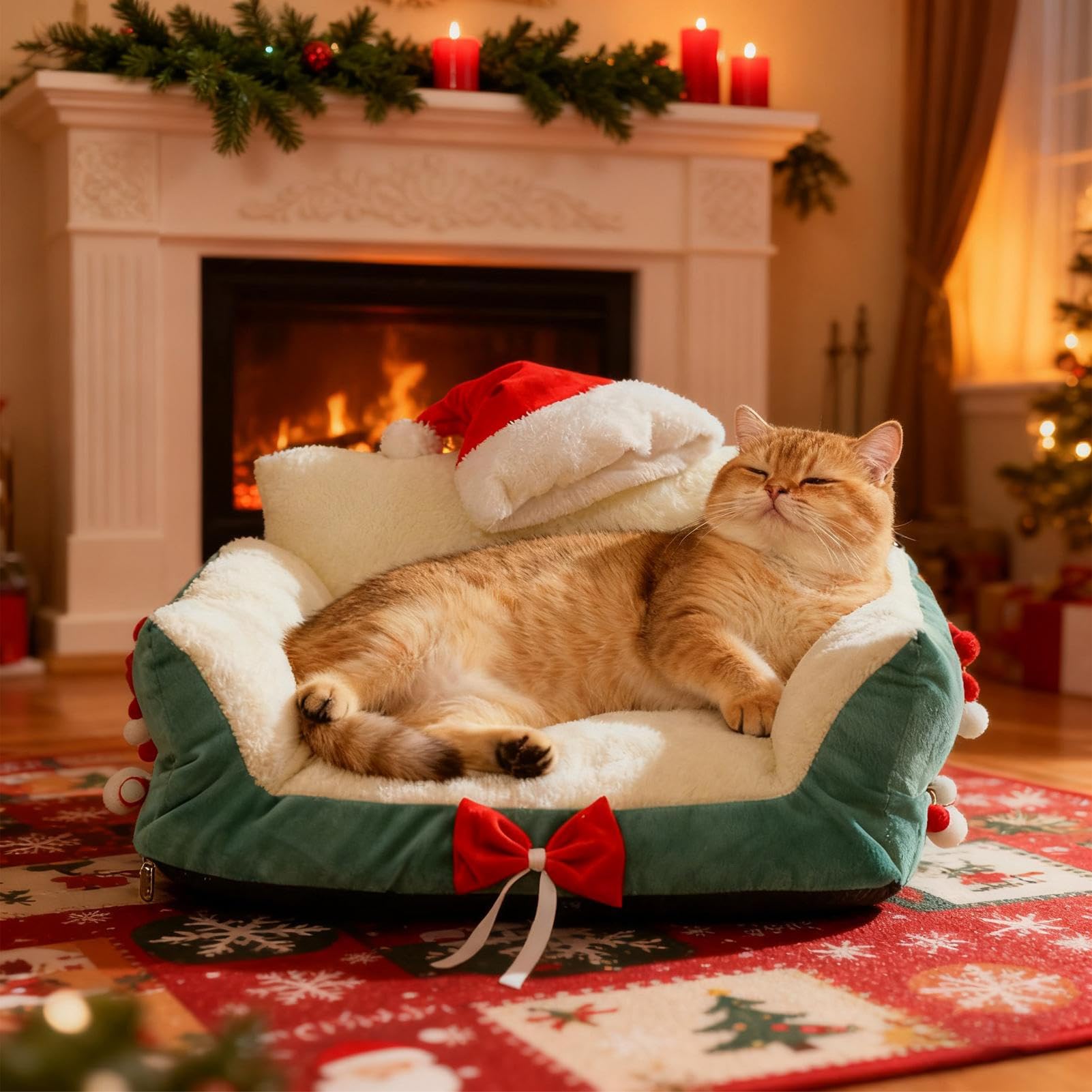 Sofa für Haustiere | Weihnachtssessel mit Weihnachtsmannmütze, kleine Hundebetten | für Zuhause, Wohnzimmer, Terrasse, Balkon, Spielplatz, Wohnung, Nachtschlaf, tägliche Erholung