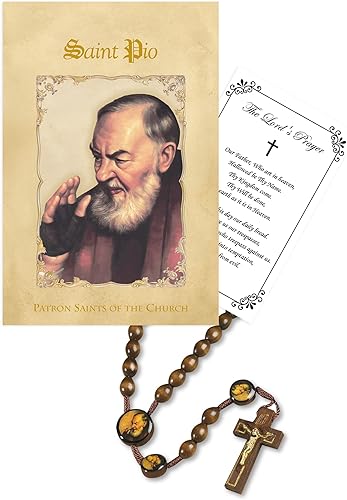 Rosario de San Padre Pío Libro de oraciones de San Padre Pío, tarjeta de oración del Señor Rosario de madera Padre Pío Rosario Padre Pío Set para