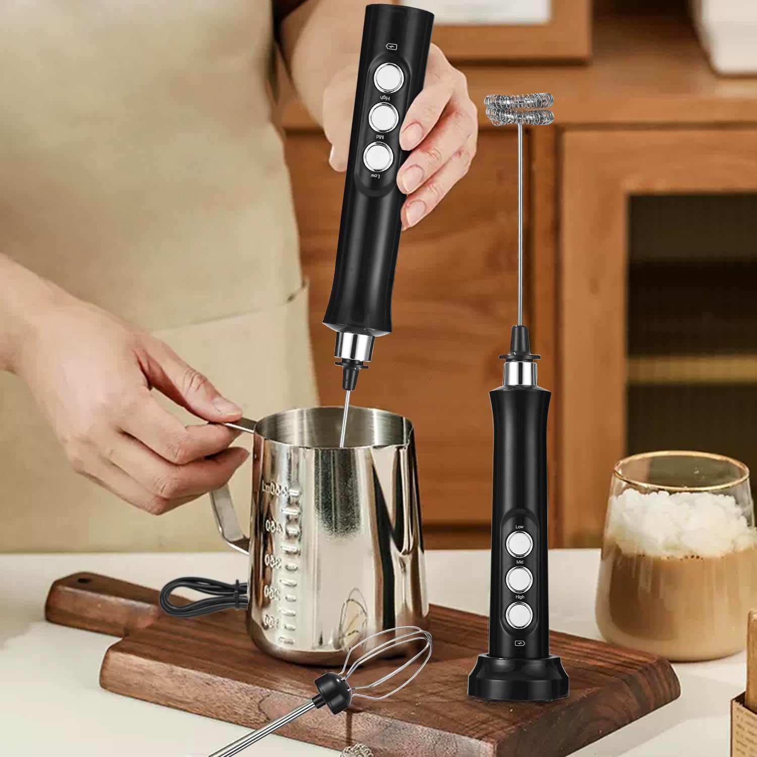 Montalatte Elettrico USB, frullino montalatte con 3 frullino in acciaio inox,3 velocità regolabili,Potente Schiumalatte Elettrico per Caffè, Latte, Cappuccino, Matcha