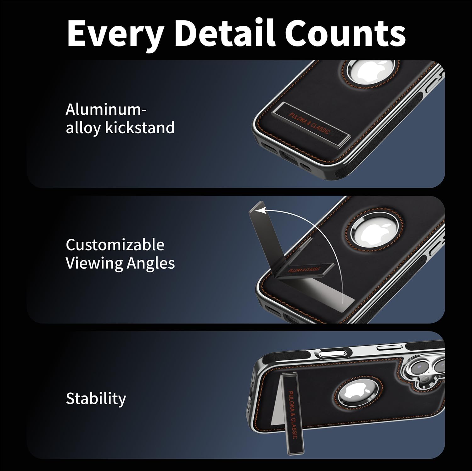 PULOKA for iPhone 16 Plus, Leather Covered Phone Case with Kickstand Phone Cases (Black) - Image 3