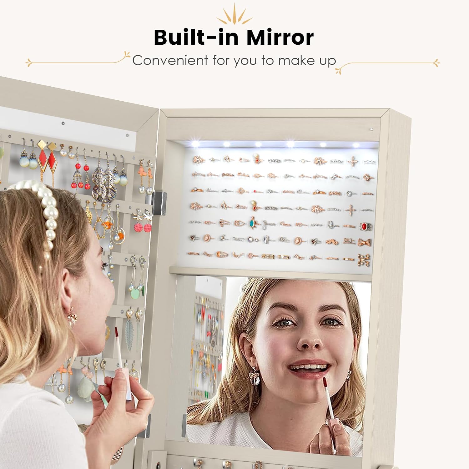 GOFLAME Mirror Jewelry Cabinet with Full-Length Mirror, Freestanding Lockable Jewelry Armoire with 6 LED Lights, Jewelry Storage Organizer with 3 Adjustable Angles and Inner Makeup Mirror (Beige)
