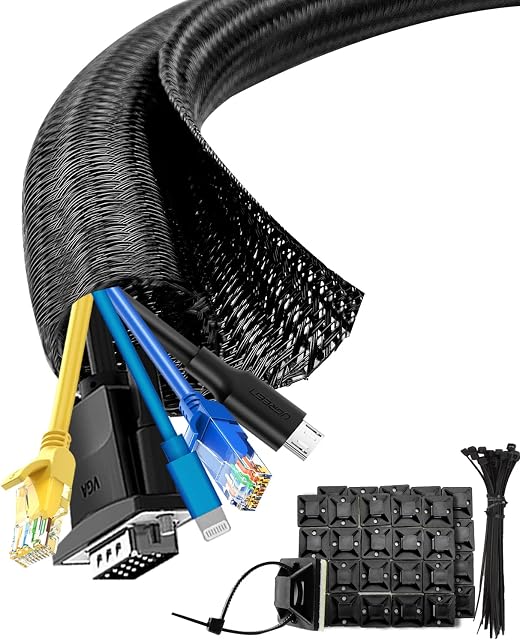 shinfly Cable Tidy Sleeve, 16mm/0.63"-3m/9.8ft Cable Management Sleeve Wire Tidy with 40pcs Zip Ties, 40 Adhesive Cable Clips, Flame-retardant Cable Sleeve Wire Protector for TV PC - Black