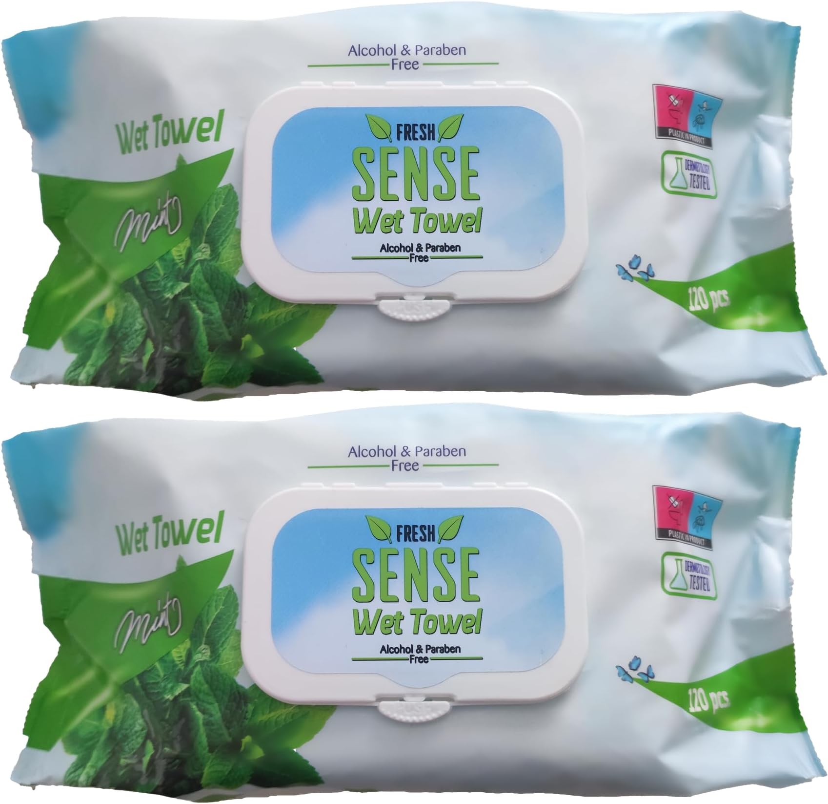 Baby Wipes 98.6% Purified Water Wipe NO Alcohol Paraben 120 pcs PACK of 2 (TOTAL 240 pcs) Dermatologically Tested Thick, Protecting, Gentle Wet Wipes for Baby MINT Fresh Sense