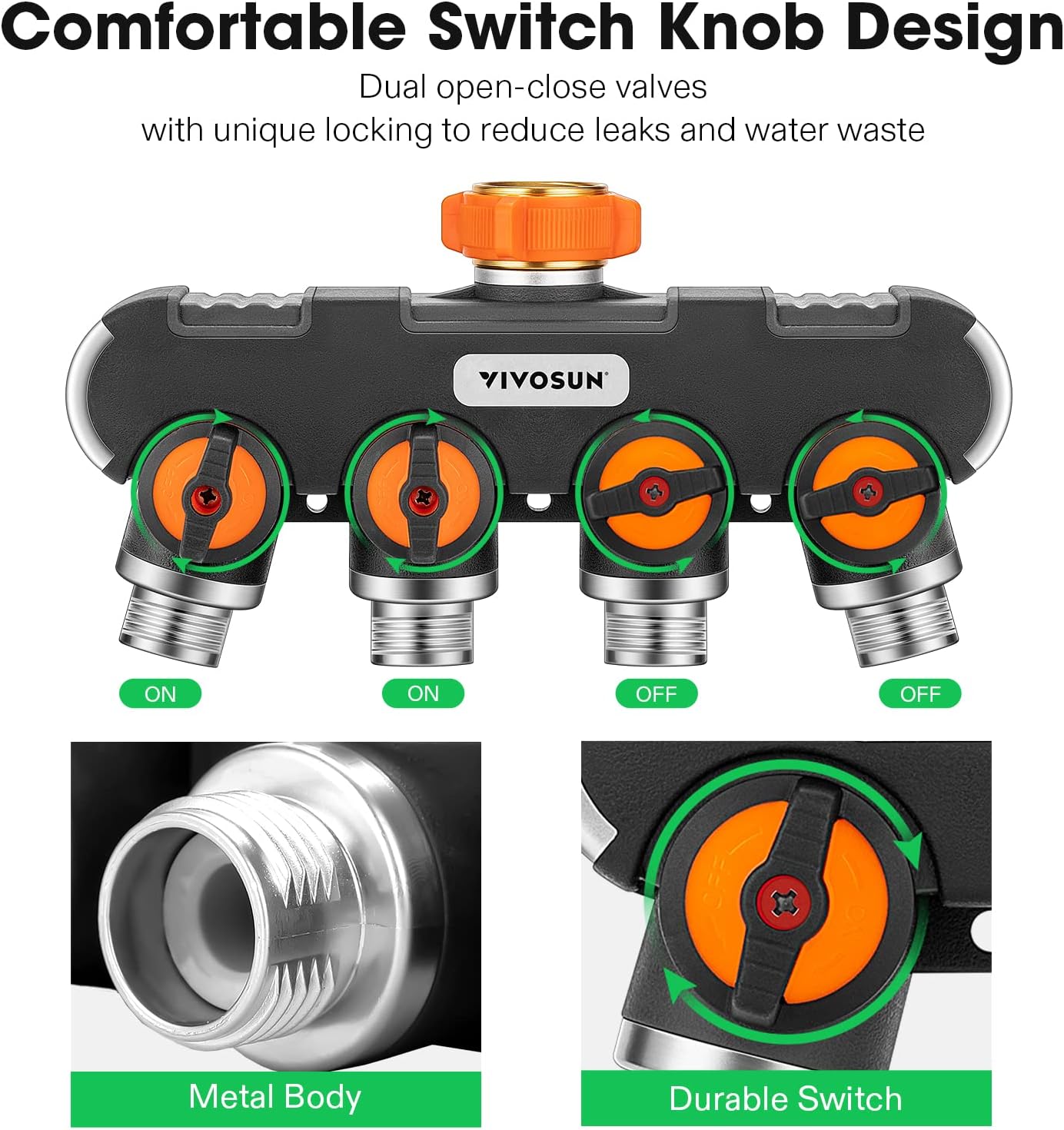 VIVOSUN Garden Hose Splitter 4 Way and 50 ft Garden Hose, 5/8 in ID, Heavy-Duty, Leakproof, Kink-Resistant Water Hose with Swivel Brass Fittings, 600 PSI Burst Rating