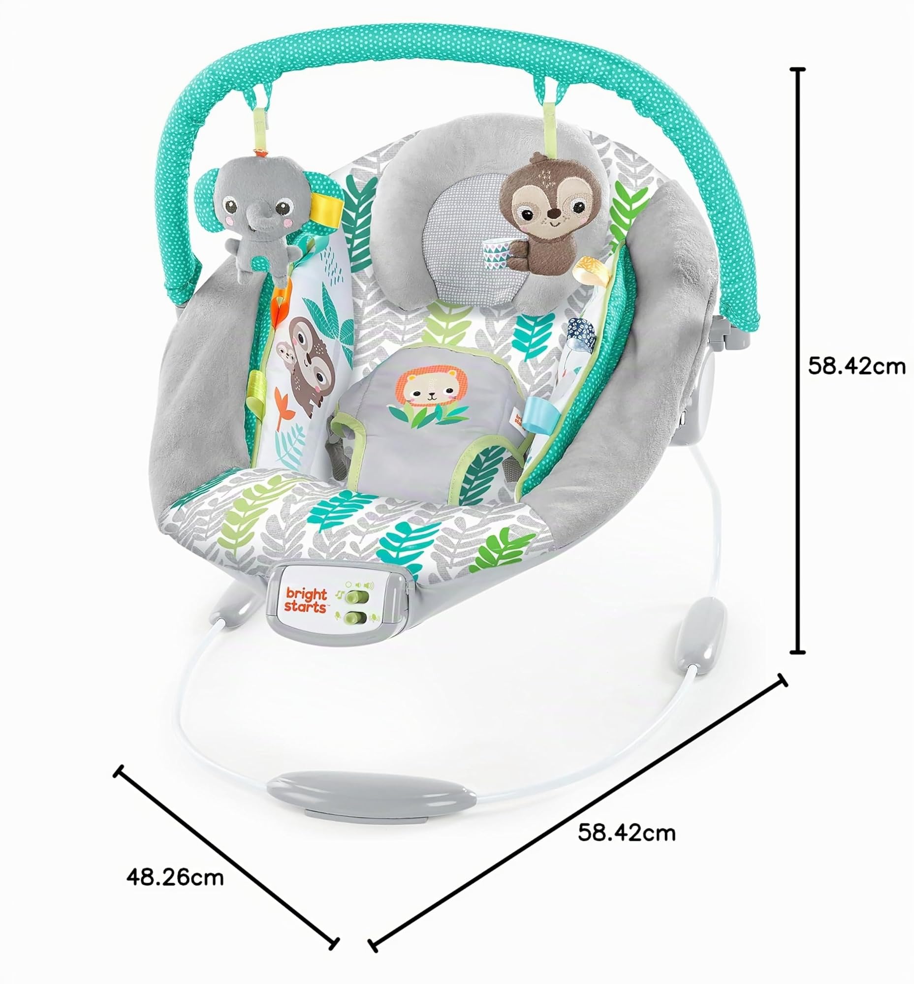 Bright Starts, Hamaca para bebés Jungle Vines con vibraciones relajantes y 7 melodías, con arco de juegos, 2 juguetes, reclinable, arnés de 3 puntos, a partir de recién nacido