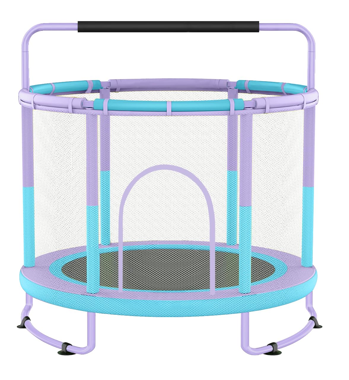 55-Zoll-Trampolin für Kinder für drinnen und draußen mit Sicherheitsnetz, Kleinkind-Trampolin mit Verstellbarer Turnstange und Spielzeug, lückenloses Sicherheitsdesign (lila und blau)