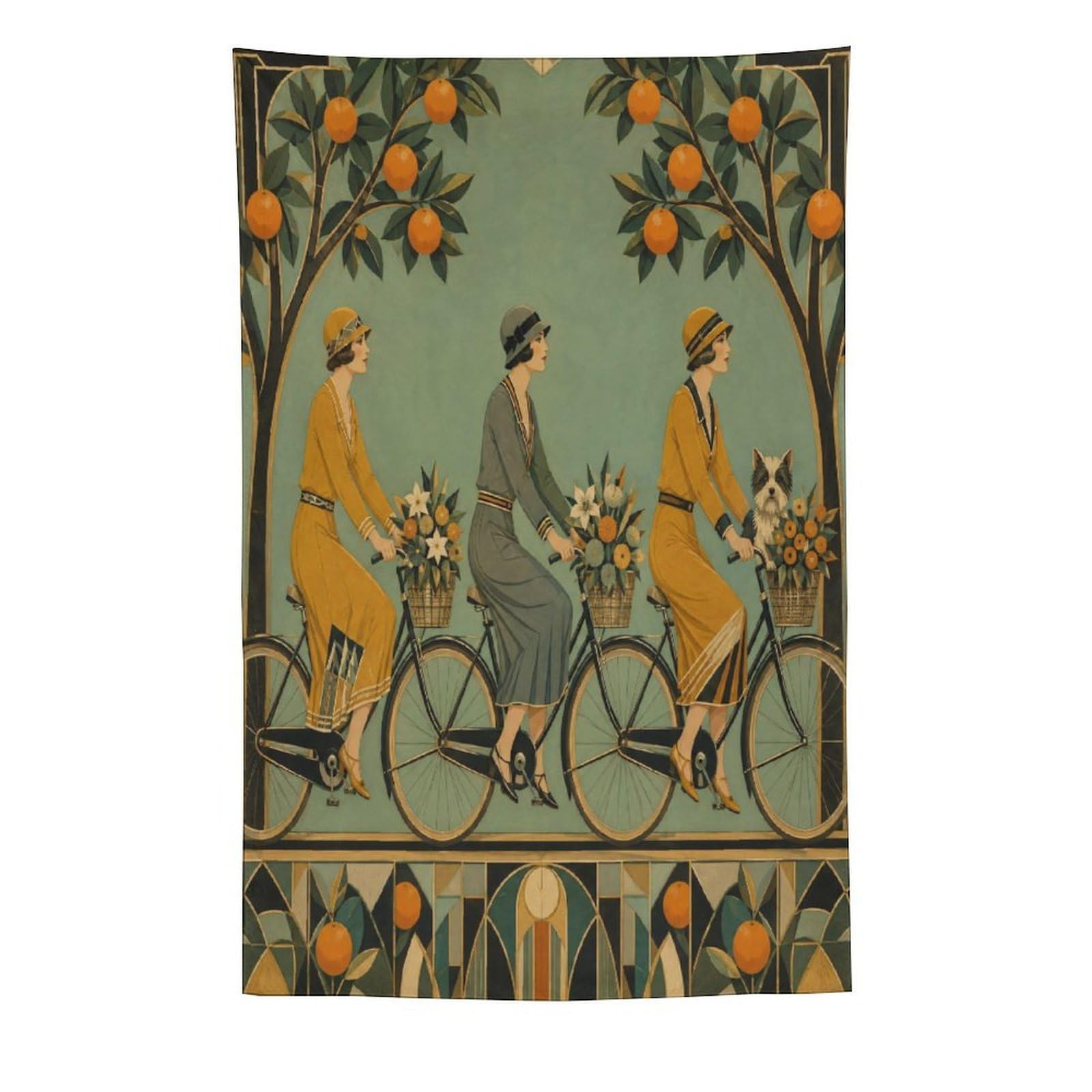 W7C8U2X3 Cyclists under Orange Trees Wall Tapestry, Botanical Linework