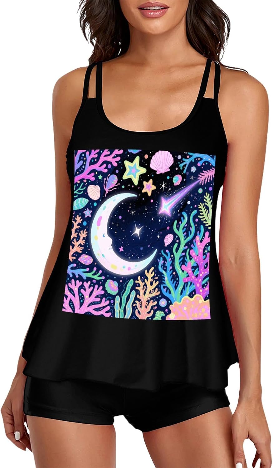 Star Ocean Pattern Tankini Swimsuits for Women Tummy Control Two Piece Bathing Suits Swim Tops with Boy Shorts