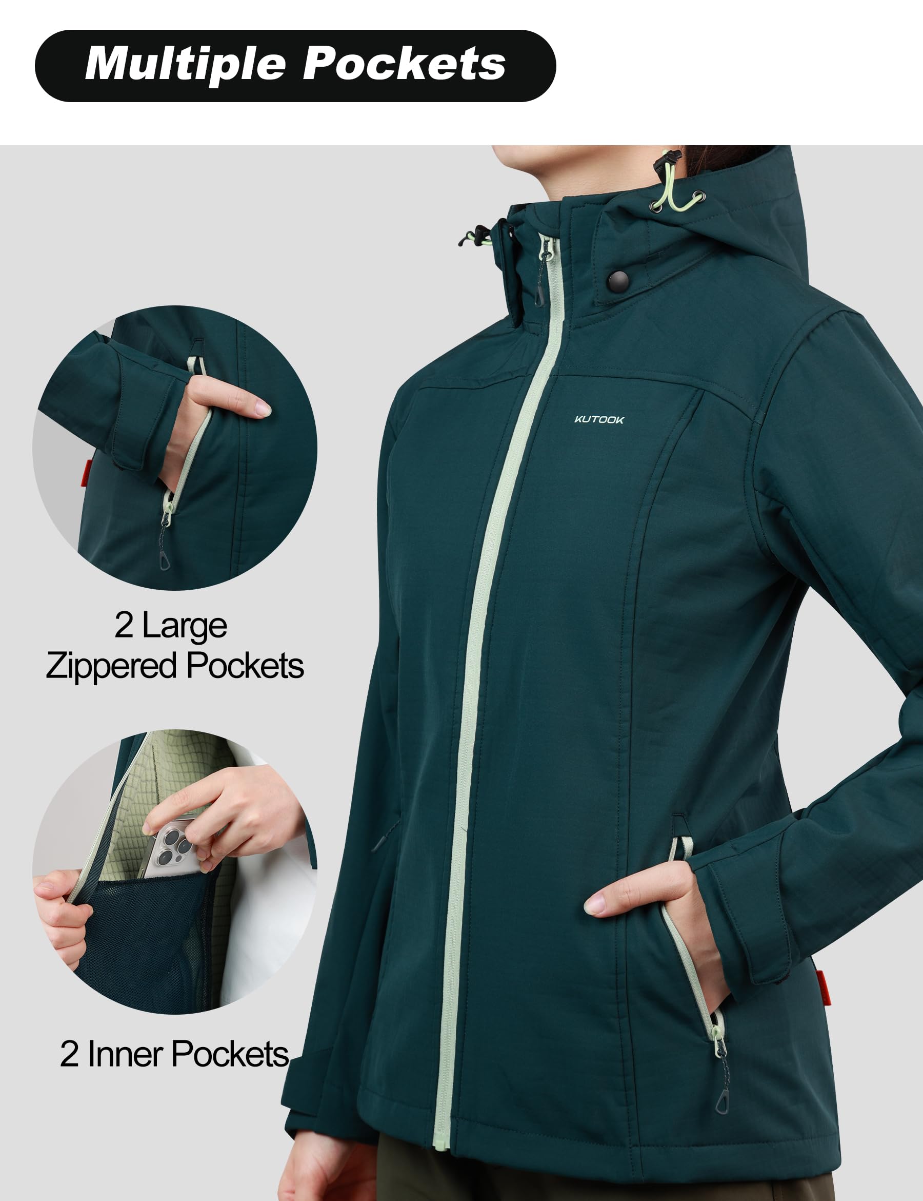 KUTOOK Chaqueta Softshell Ciclismo para Mujer Invierno Impermeable Cortavientos Chaqueta con Capucha Forro Polar para SenderismoTrekking Montaña Escalada