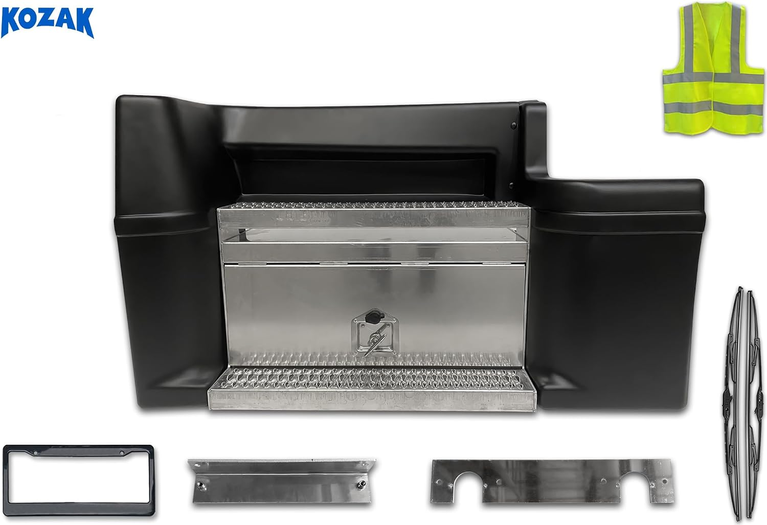 KOZAK Cab Skirt/Side Fairing and Aluminum Tool Box Step with Brackets (Left Driver Side) Compatible with Peterbilt 377 PLUS License Plate Frame, 2X 22 Windshield Wipers and Vest