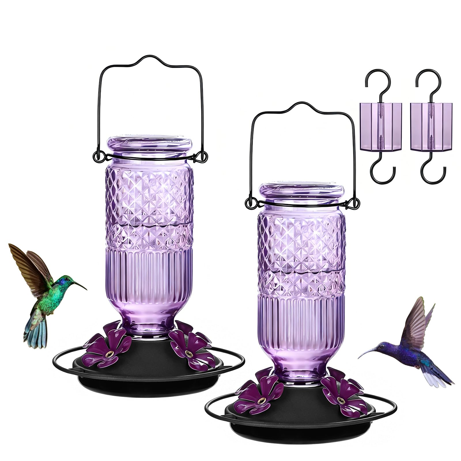 FEED GARDEN Glass Hummingbird Feeder for Outdoors Hanging, 16 oz Leak-Proof Nectar Feeder with Bee Guards &amp; Ant Moat, 4 Metal Flower Feeding Ports, 360° Perch Ring, Easy Refill &amp; Clean, Purple 2 Pack
