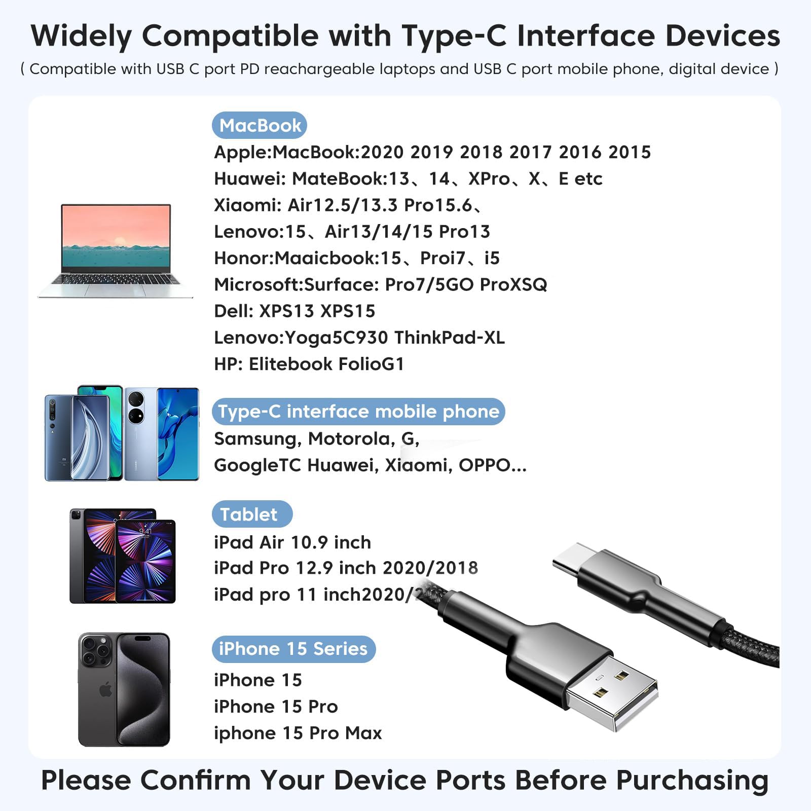 cavo usb type-c ricarica rapida 1 metri usb a usb c 3A QC3.0 Cavo dati di tessitura in nylon Adatto Compatibile con Samsung Galaxy S24 S23 S22, Huawei, Xiaomi, iPhone16,serie Honor