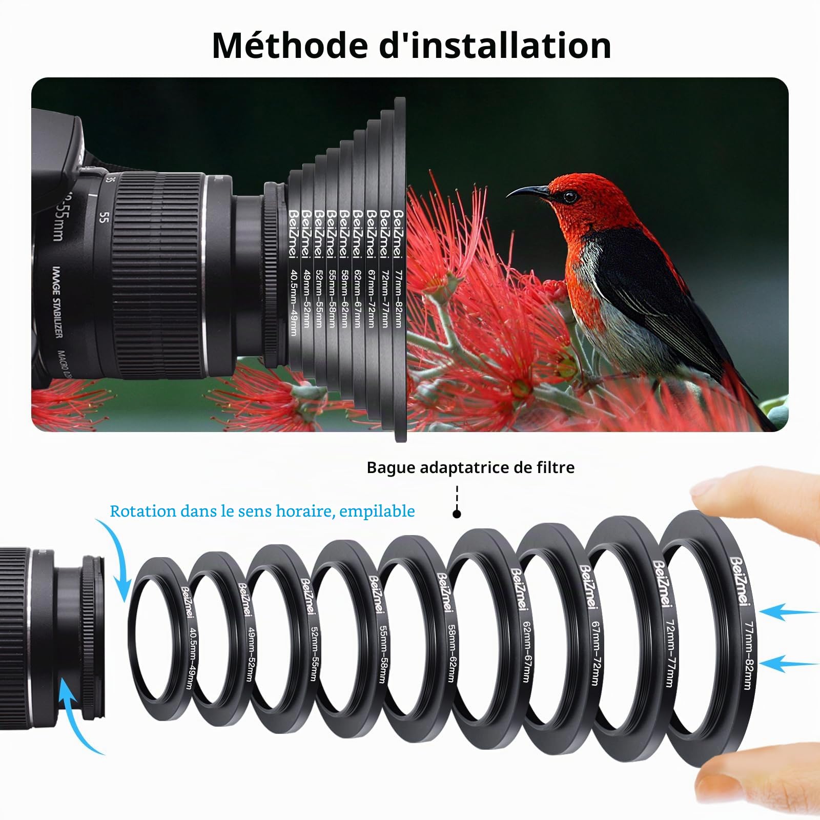 Set de 9 Anneaux adaptateurs Step-up fabriqués en Aluminium (métal),Include:40,5-49 mm, 49-52 mm, 52-55 mm, 55-58 mm, 58-62 mm, 62-67 mm, 67-72 mm, 72-77 mm, 77-82 mm (Chambre Filter Ring)