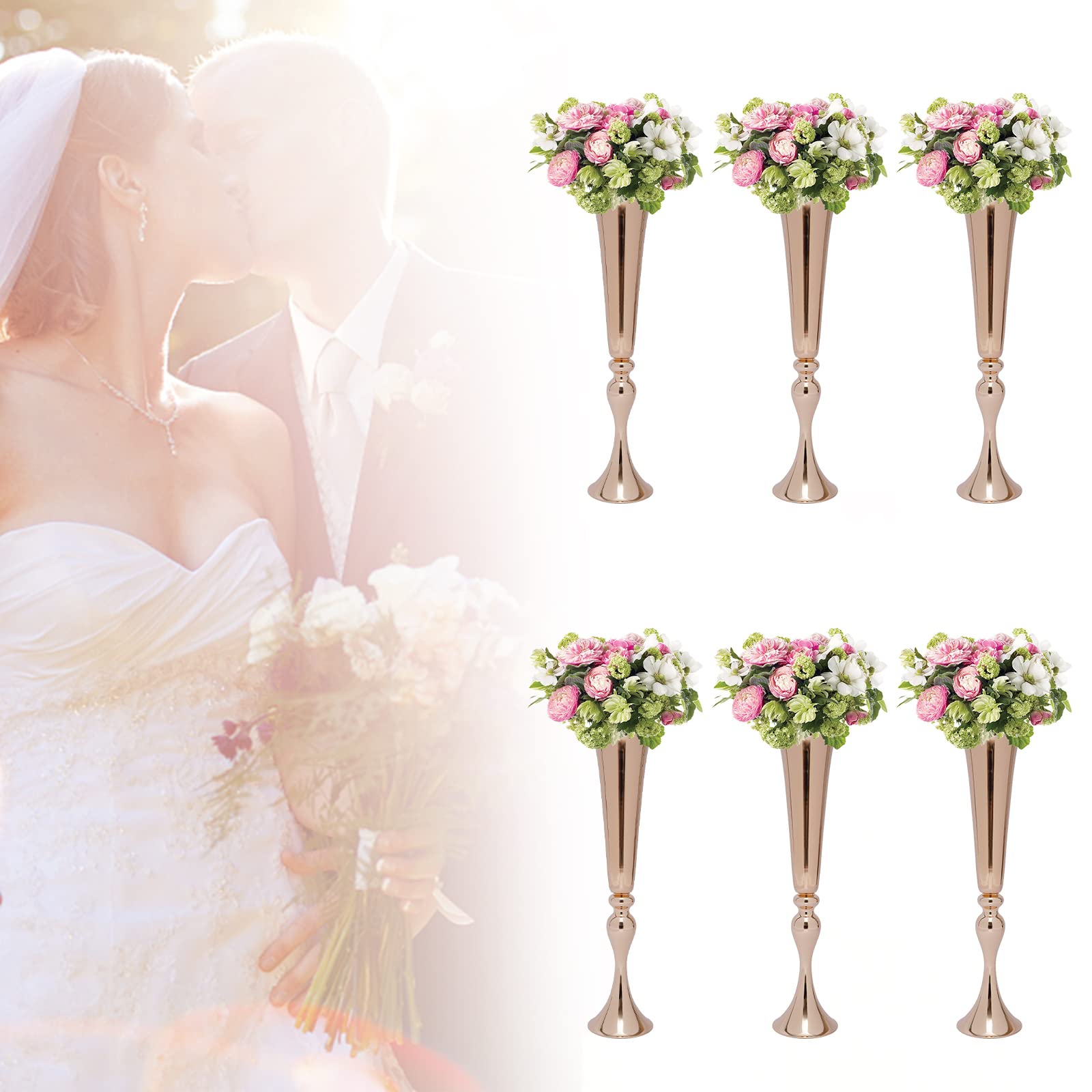 Set di 6 vasi da tavolo in metallo dorato con finitura lucida, per feste di compleanno, feste di compleanno, soggiorno, decorazione