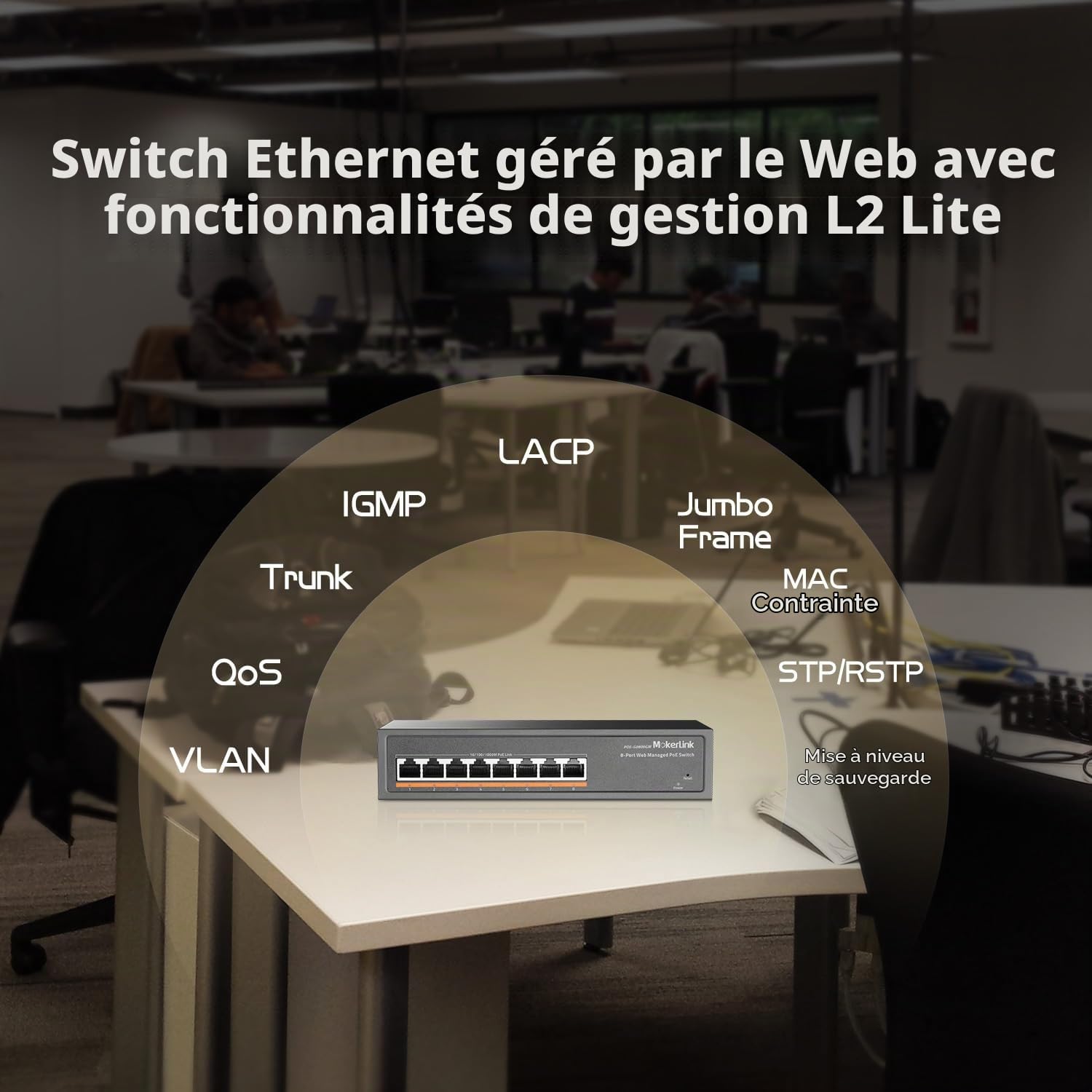 MokerLink 8 Port PoE Gigabit Managed Switch, 8x100/1000Mbps PoE+ Port, IEEE802.3af/at, 120W Power Supply, L2 Smart Web Managed, Fanless Metal Ethernet Switch