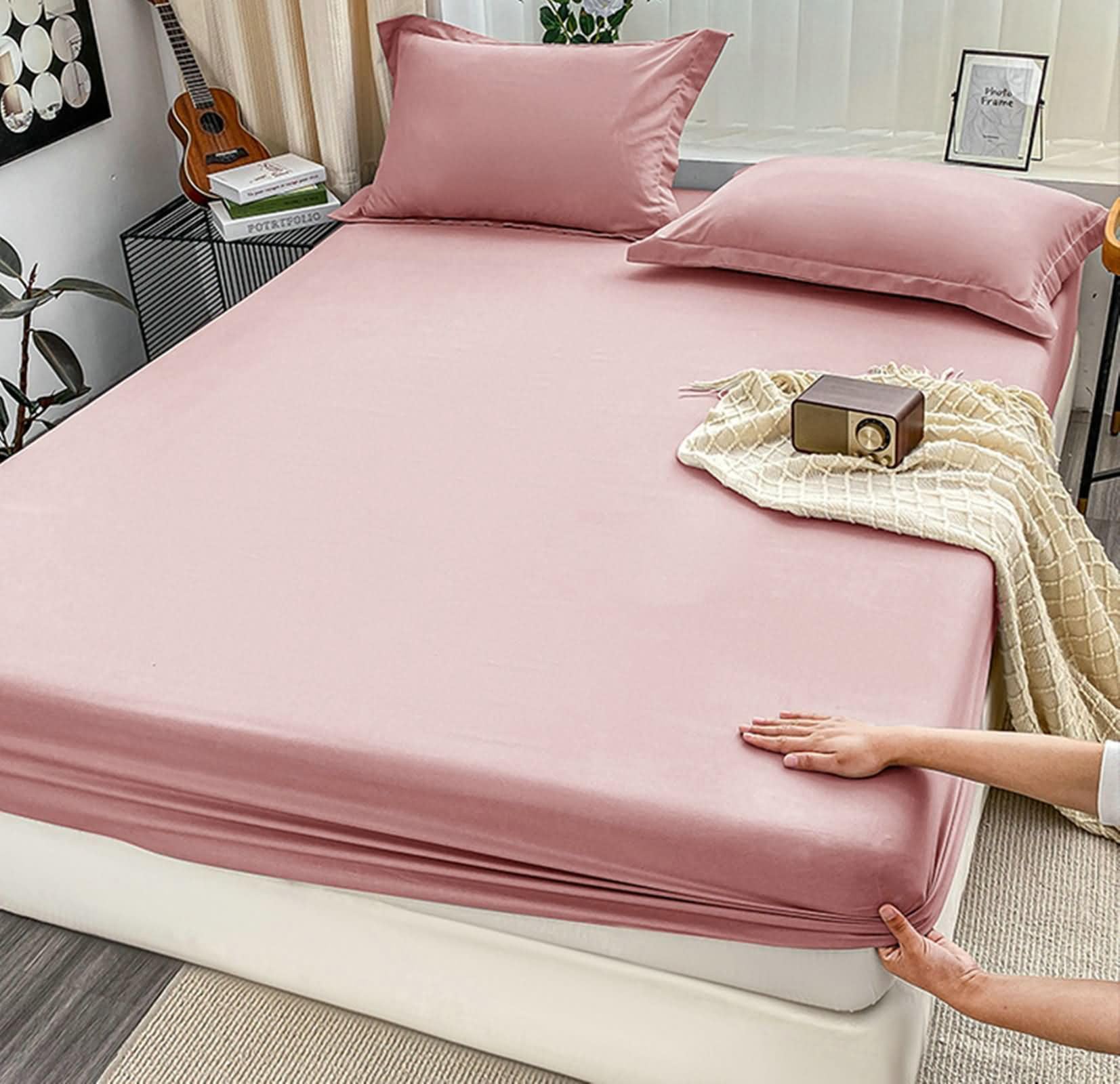Pack de 3 Piezas Sabana Bajera Elastica de Poliéster, Color Sólido, 200 x 220 x 20 CM + 2 Fundas de Almohada, Bajera Cama Matrimonio Rosa