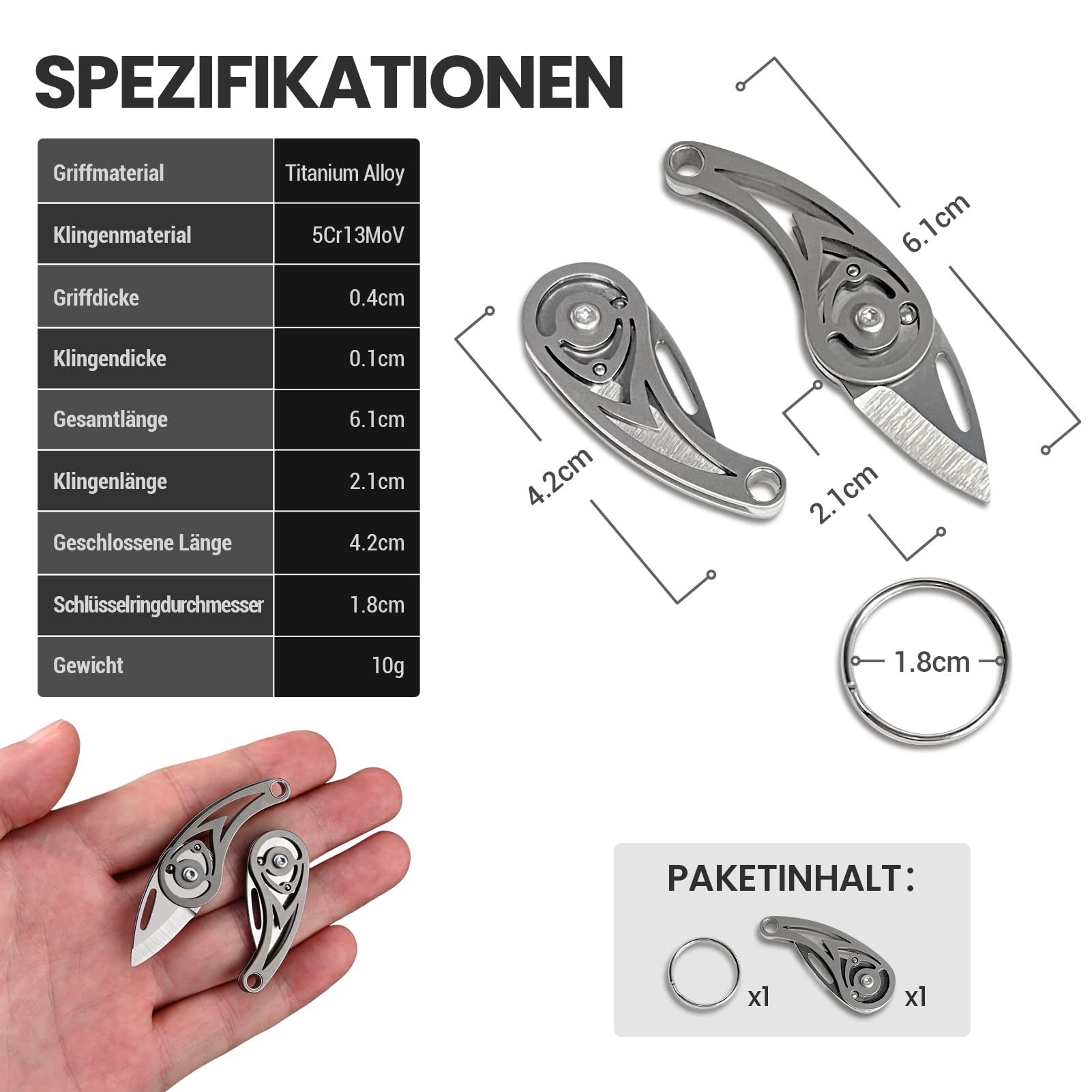 BEEK EDC Mini coltello portachiavi pieghevole in titanio, coltello tascabile per taglio e esterno, regalo per uomini e donne