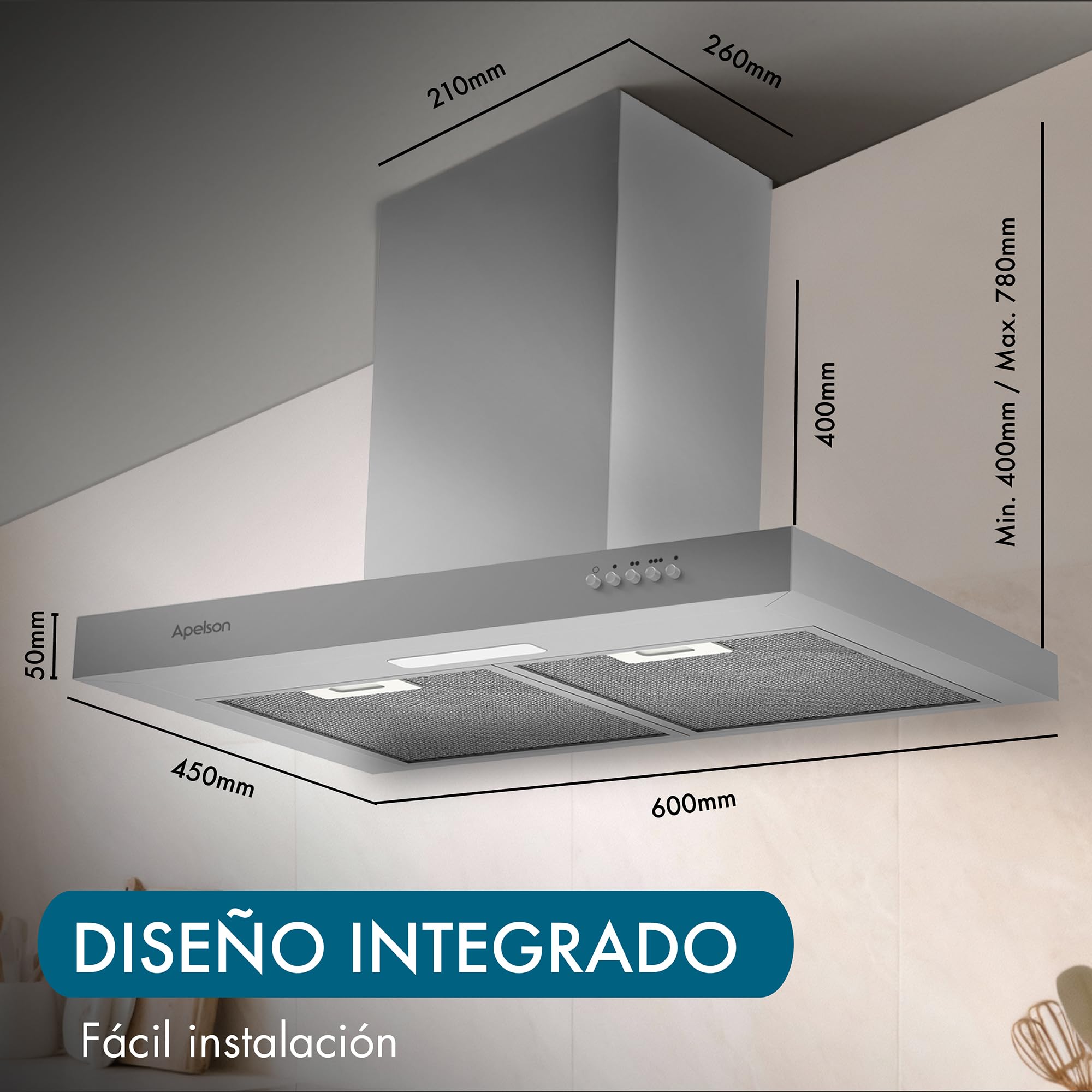 Apelson Campana extractora Cocina TALIA 601 X/A, 3 Niveles, Control Mecánico, Capacidad 301 m3/h, Silenciosa 60 dB, LED, Filtros Lavables, Consumo 67W Acero Inox