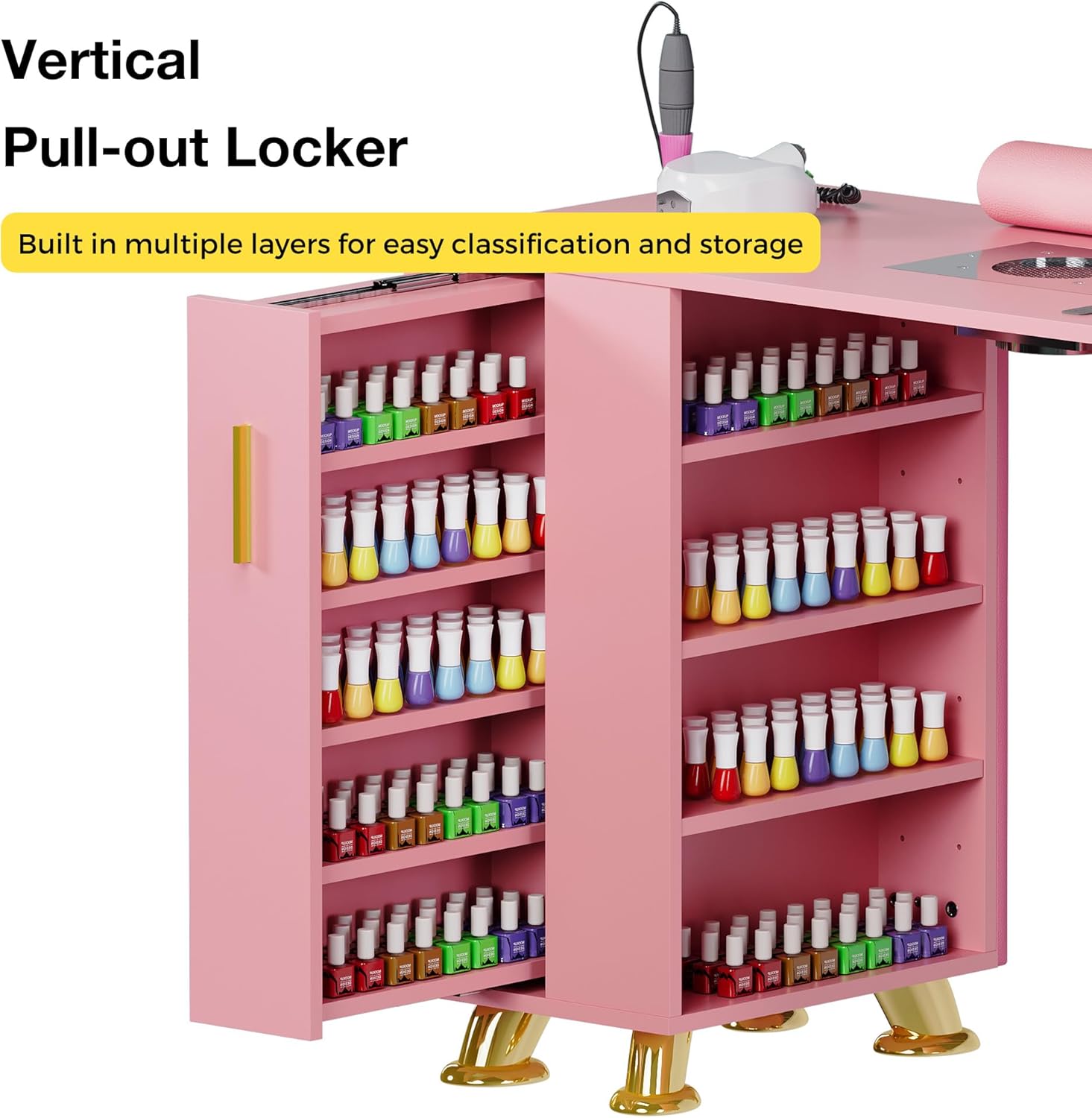 Manicure Table, Nail Desk w/Dust Collector & Wrist Rest, Nail Salon Station Acetone Resistant Workstation w/Drawers, Cabinet, Pink Leather Pad with Diamonds