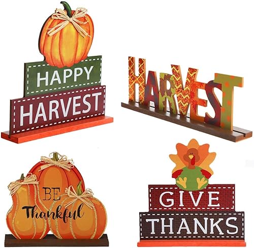 MorTime Paquete de 4 carteles de mesa con temática de Acción de Gracias, decoración de mesa de calabaza de madera, decoración de mesa de calabazas