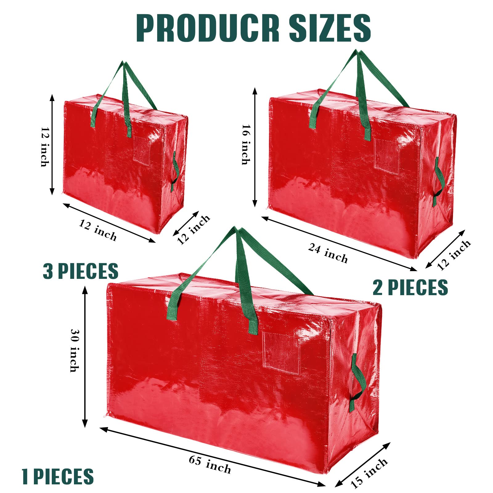 6 Packs Heavy Duty Extra Large Organizer Storage Bag Moving Bag with Strong Handles and Zippers for Moving, Travelling, Christmas Decoration Storage (Red, 65 x 30 Inch, 24 x 16 Inch, 12 x 12 Inch)