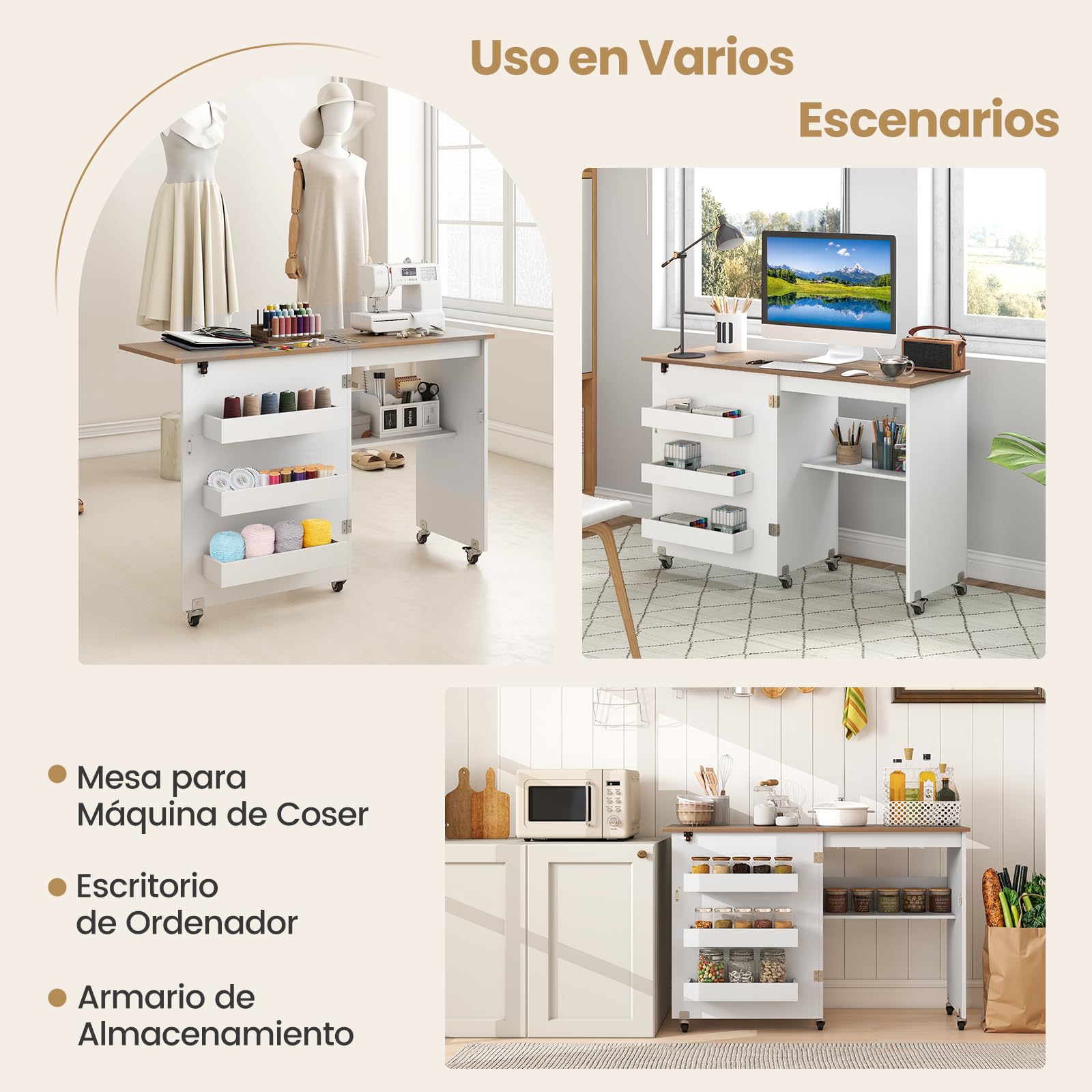 COSTWAY 2 en 1 Mesa Maquina de Coser Plegable, 116x40.5x78cm, Mueble Maquina Coser con 3 Compartimientos Ocultos y Estante, Escritorio Móvil con 5 Ruedas Bloqueables, Ahorro de Espacio (Blanco+Marrón)