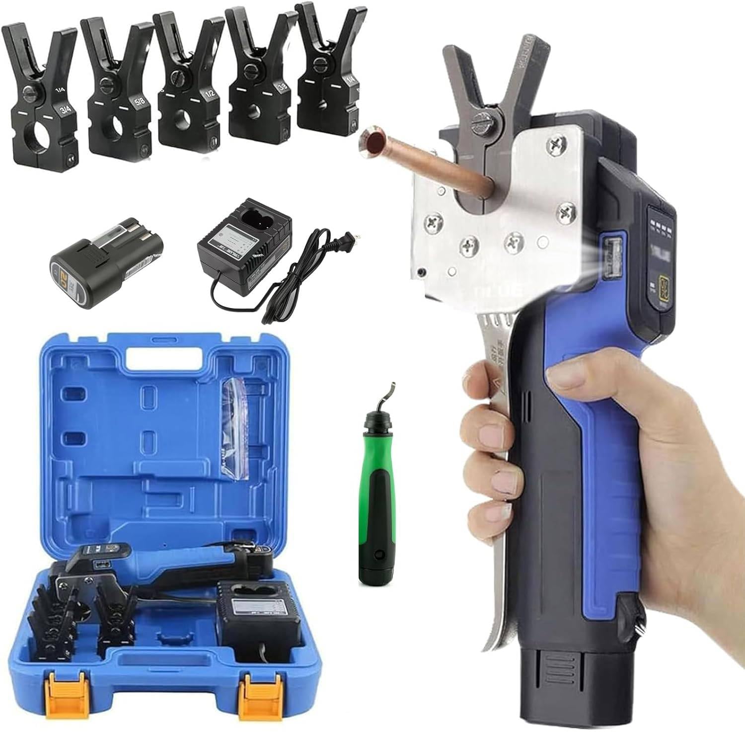Elektrisches Bördelwerkzeug-Set, 1/4"-3/4" Kupfer-Bördelgerät mit LED Licht, 45° Exzenterrohr-Bördelwerkzeug 2000mAh Akku Bördelmessgerät für Weichku Pfer Aluminium Messingrohre
