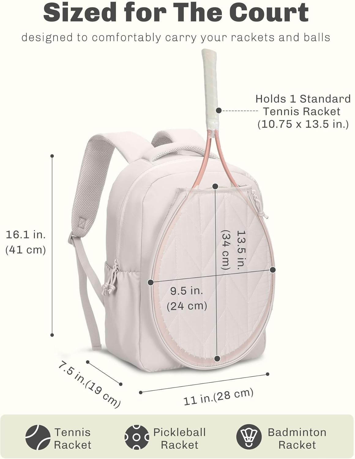 Hynes Eagle Pickleball Backpack Quilted Fits 2 Rackets with Wet Pocket Tennis Gym Backpack for Women Sport Daypack 22L Beige - Image 5