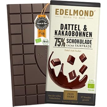Edelmond Organic 75% Date Chocolate Rolled from Cocoa Beans Sweet by Date No Added Sugar Single Origin Cocoa Organic Fair Trade 75g 1 Bar