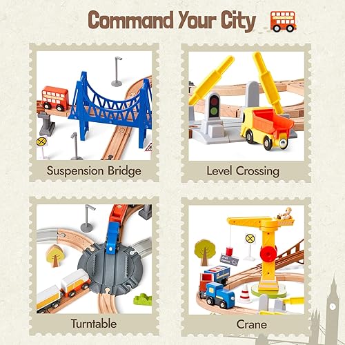 Miniatura 3 de Juego de 94 pistas de tren de madera, moderno tren de aventura urbana para niños con puente, túnel, grúa, edificios de la ciudad, accesorio de