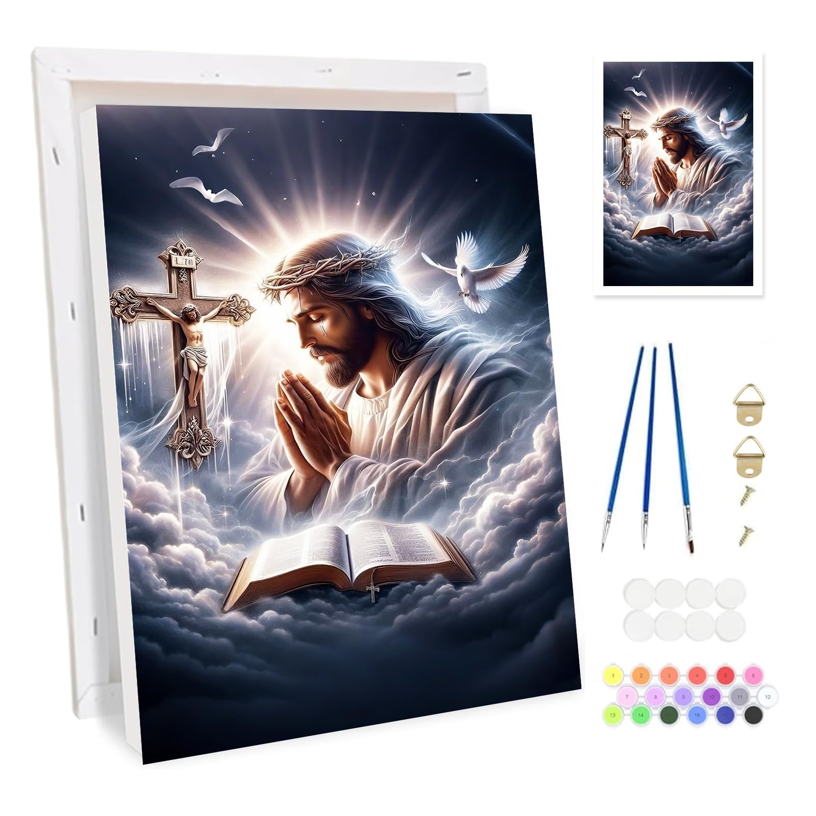Bowetile Jesus Framed Paint by Numbers for Adults, Landscape Painting by Numbers Kit for Adults Beginners Canvas Kit, DIY Color Oil Painting Acrylic Paints for Home Wall Decor 20x30cm