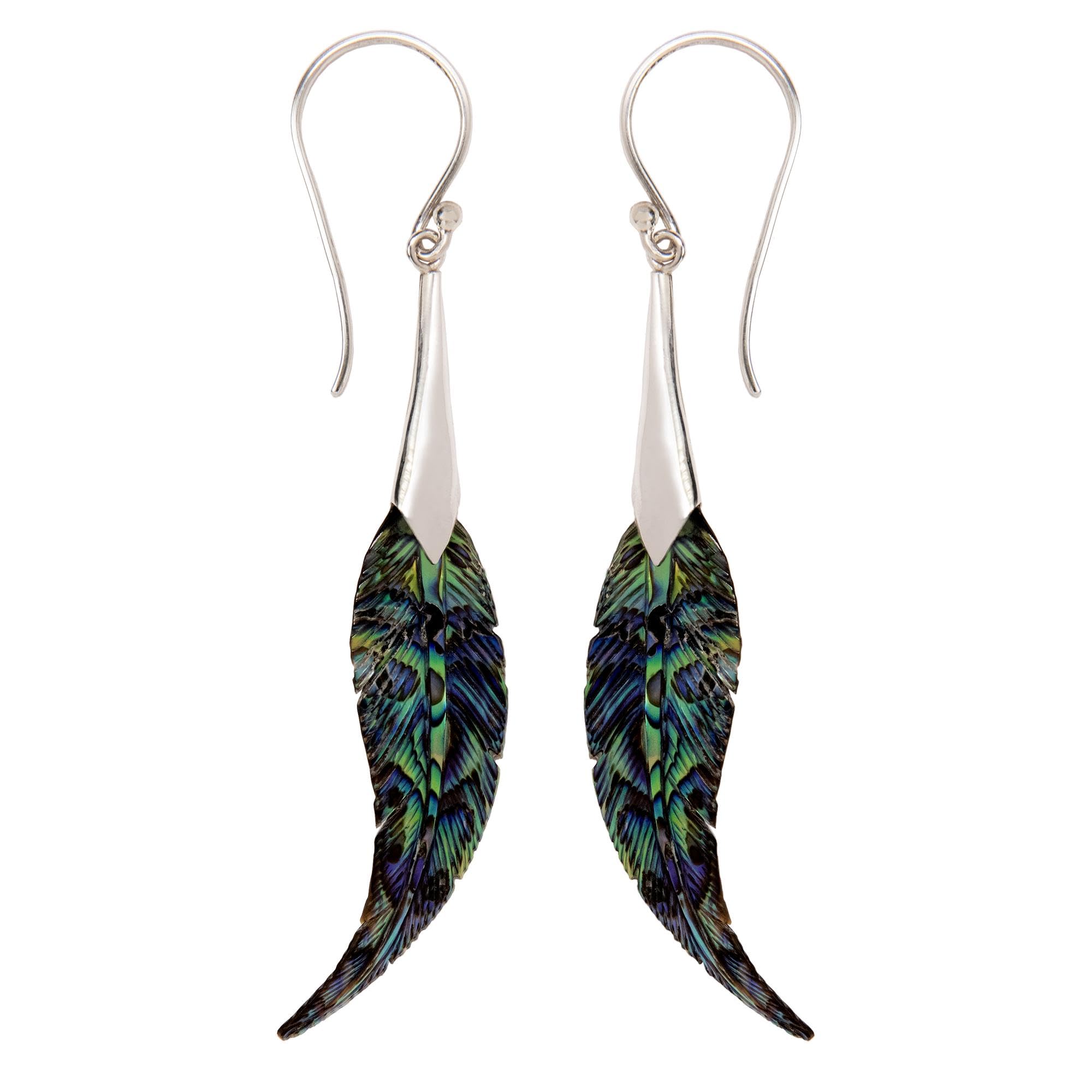 81stgeneration Orecchini a Forma di Piuma in Conchiglia di Abalone Intagliata con Argento Sterling 925 | Orecchini Pendenti Lunghi a Forma di Ala di Uccello Fatti a Mano per Donna