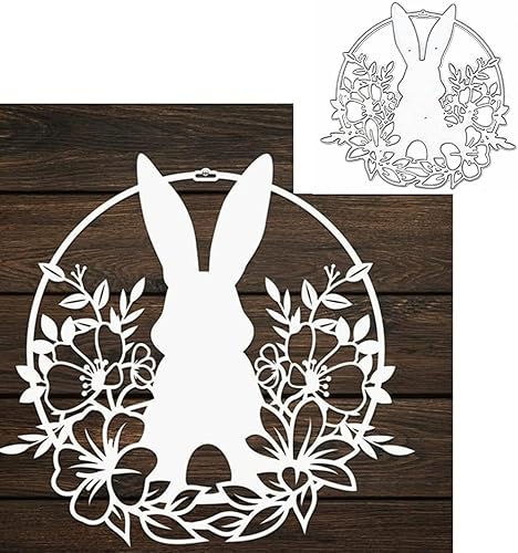 Troqueles de metal con diseño de conejo de Pascua, diseño de conejo, flores, hojas, conejo, marco, troqueles de corte, plantillas de manualidades,