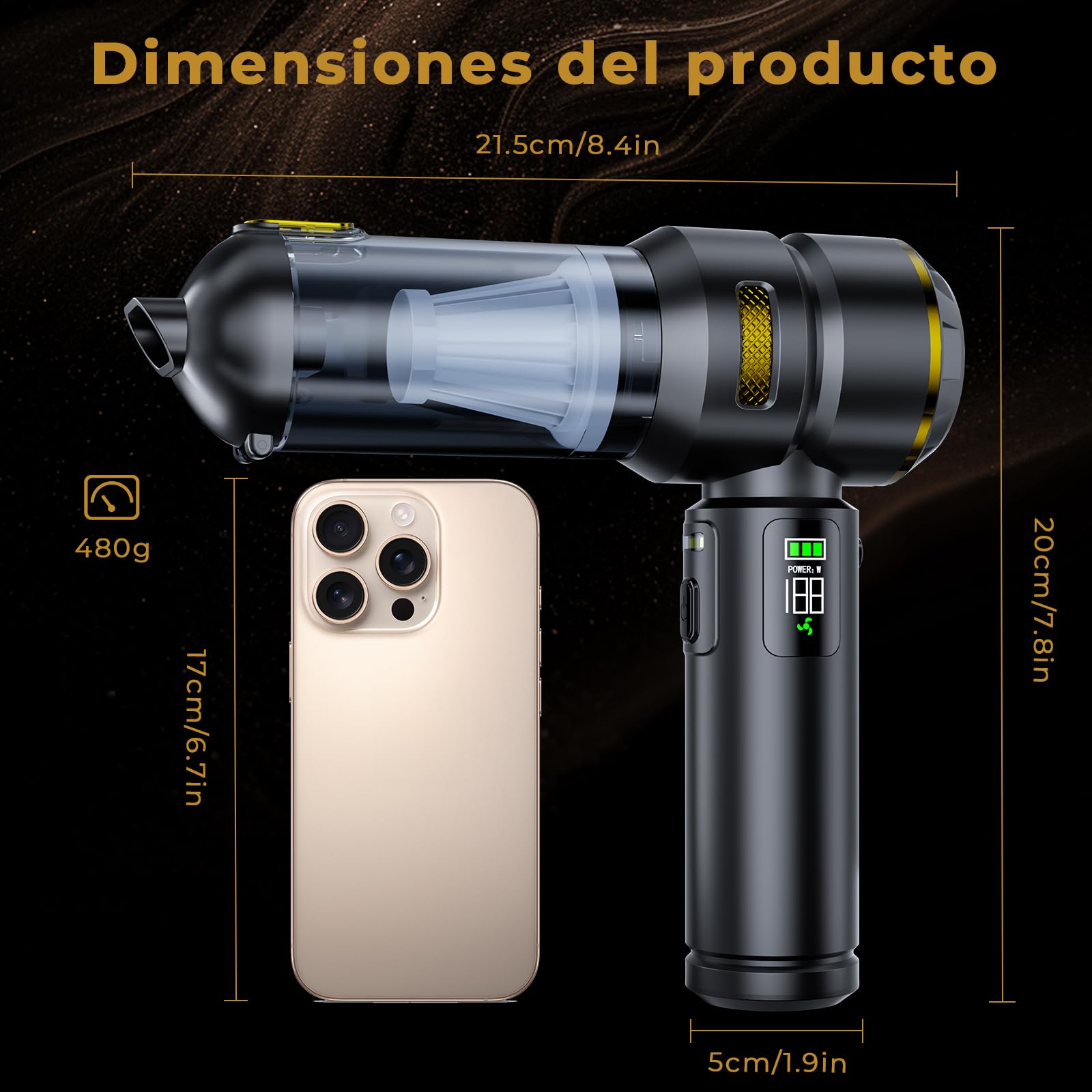 HOVIN Aspirador de Mano, 24.000Pa Aspirador Recargable,Aspirador sin Cable para Coche Aspiradoras de Mano con Motor sin Escobillas de,para Uso en la El vehículo,el hogar,la Cocina (Negro y Dorado)
