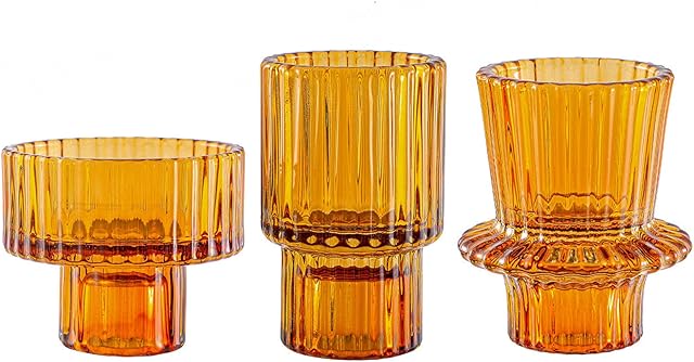 SPETYORT Clear Glass Candle Holders for Pillar Candles - Tabletop Decorative Candlestick Holders Set of 3 Fashion Taper Candle Stand for Dinner Wedding Party (Amber, 3PCS)