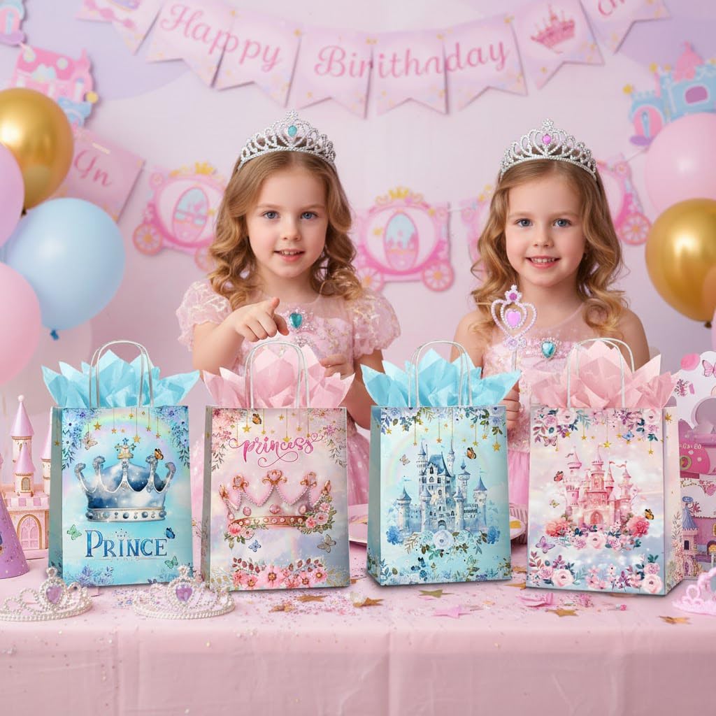 24 Pcs Princess Prince Party Favor Bags with Handles - Prince Princess Castle Goodie Gift Candy Treat Paper Bags for Birthday Gender Reveal Baby Shower Party - Image 6