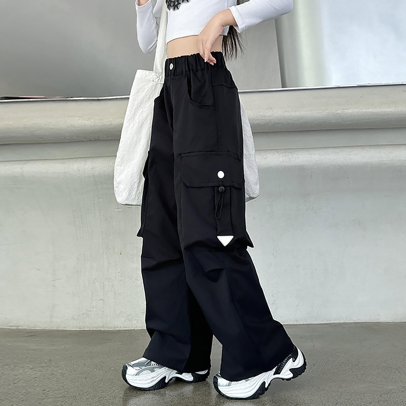 Pantalon cargo à jambe large avec poches pour filles - Taille élastique - Pantalon d'école tendance - Taille haute - Droit - Ample - Style hip-hop uni, Noir , 11-12 ans