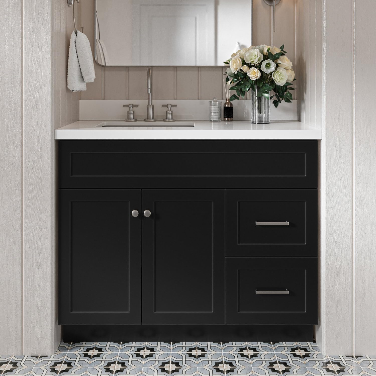 DKB Bradford 42" Black Single Bathroom Vanity with Rectangular Undermount Sink, 1.5" White Quartz Countertop, Solid Wood Frame, 2 Soft-Closing Doors, 2 Full Dovetail Drawers, Brushed Nickel