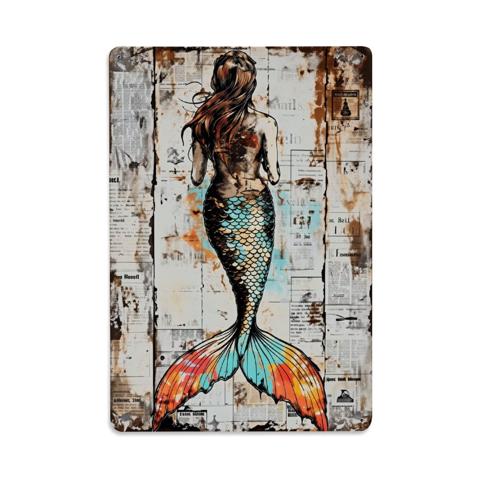 Enderetf Vintage Mermaid Tail Art Print Tin Sign Metal Poster, Home Bar Garage Man Cave Cafe Indoor & Outdoor Wall Decoration 8X12inches