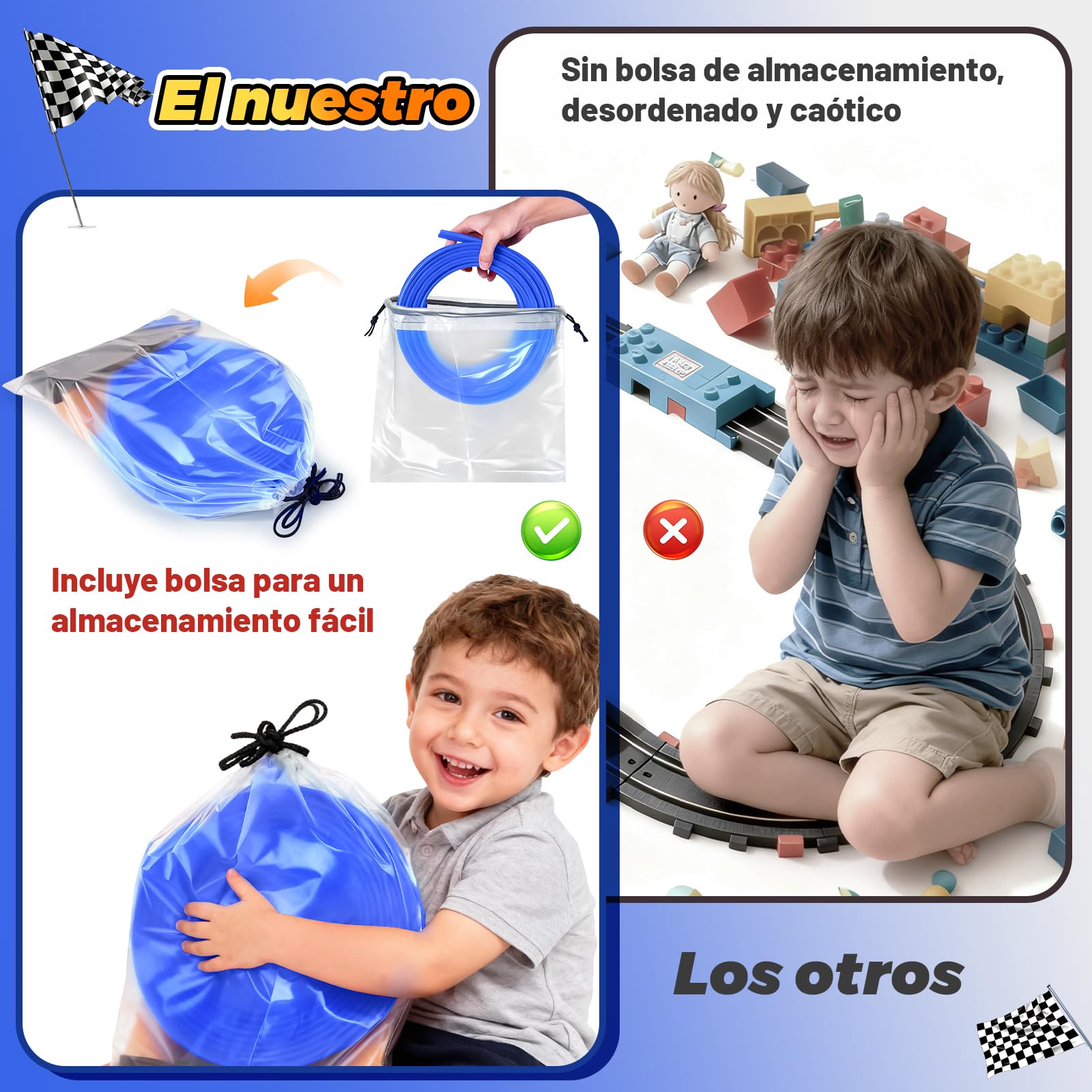 Pista Coches Flexible, 5M Circuito Coches Flexible Portátil con 6 Coches de Juguete 1 Bolsa de Almacenamiento 2 Rampas 4 Ventosas Flexible Car Track para Niños 4 5 6 7 Años (Azul)