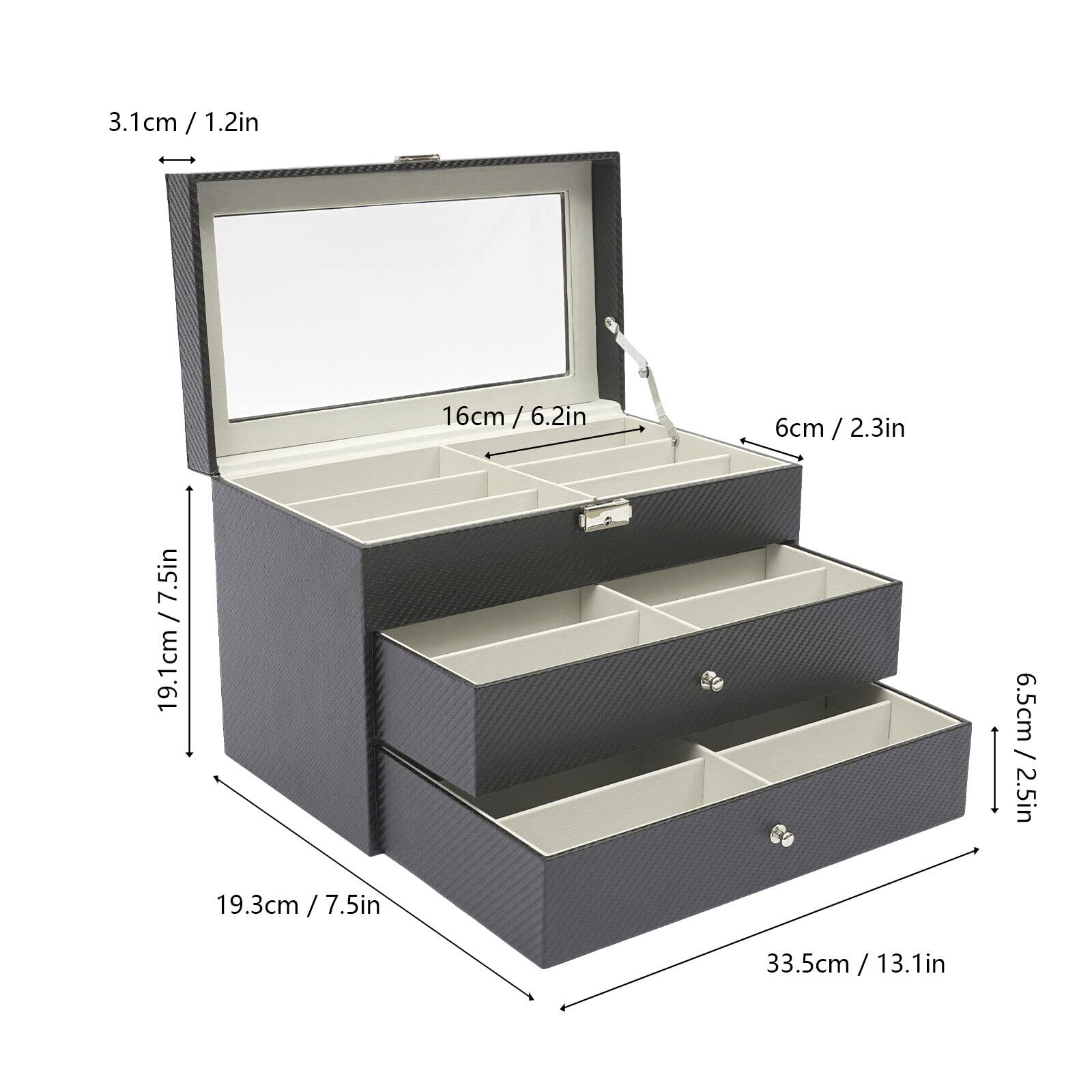 18 siatkowych pudełek na okulary, etui na okulary, pudełko do przechowywania, 3-stopniowe, zamykane na okulary przeciwsłoneczne i modne okulary, czarne, 35 x 21 x 24,5 cm, czarny, 35 x 21 x