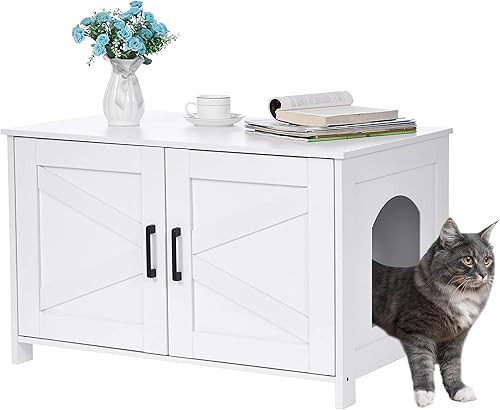 Miniatura 1 de Homhedy Cat Litter Box Enclosure,Litter Box Furniture Hidden with Barn Door,Wooden Cat Washroom Furniture,Cat House,Fit Most of Litter Box,White