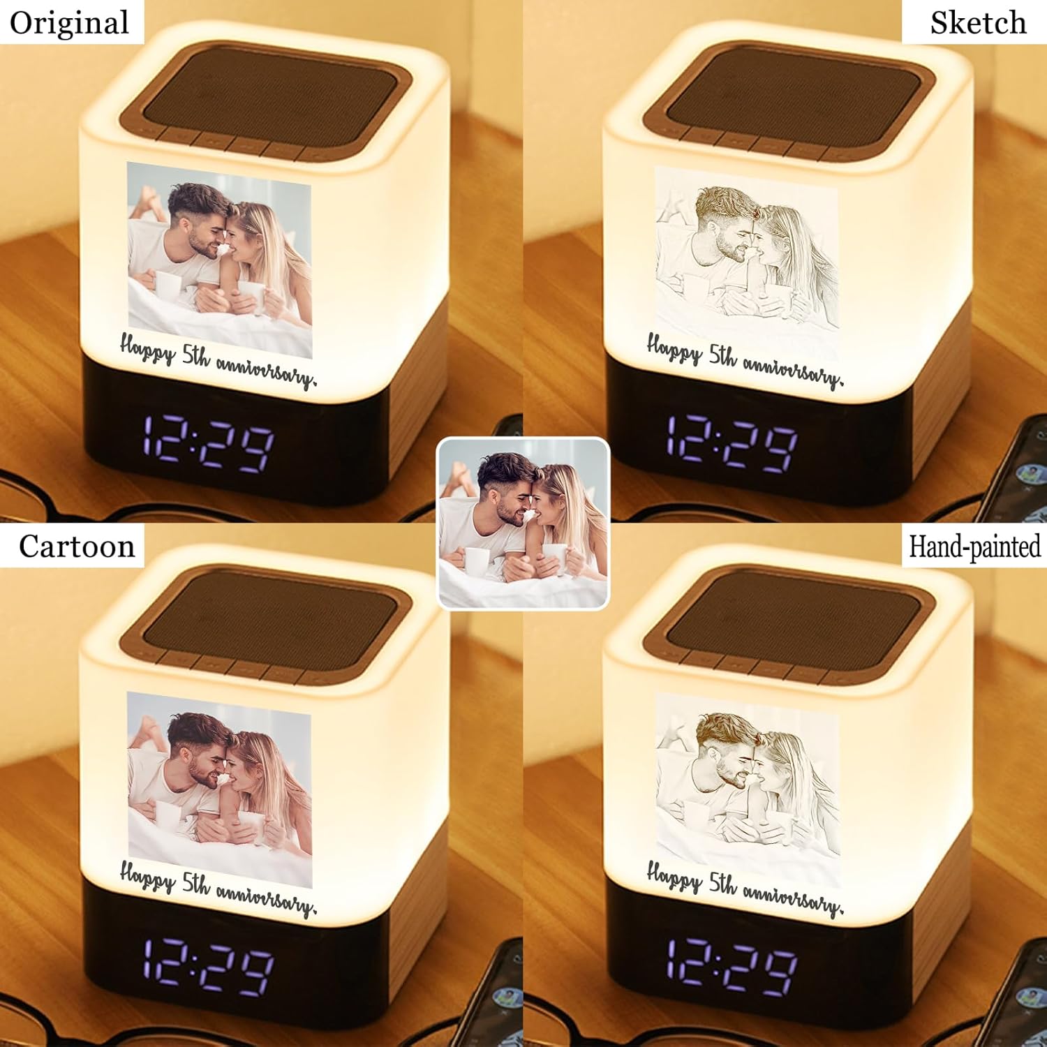 Table Lamp Touch Night Light (Square) - Personalized Photo Bluetooth Speaker Clock Bedside Lamps, Adjustable Warm White Light Colored Lights, for Bedroom/Office/Outdoor Camping