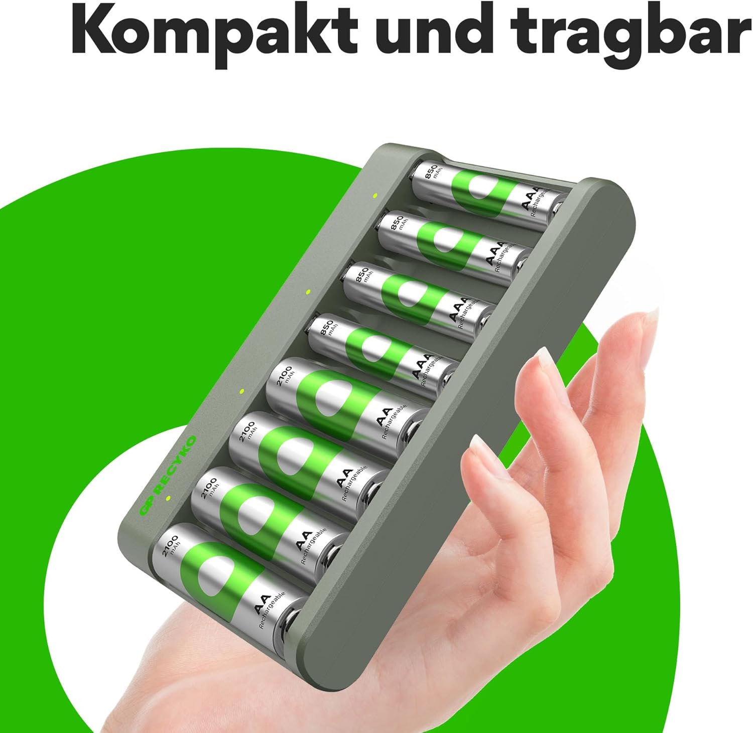 Hand holding the compact GP RECYKO E821 charger
